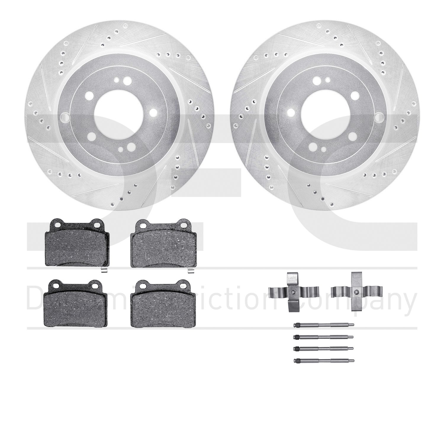 7512-72239 Drilled/Slotted Brake Rotors w/5000 Advanced Brake Pads Kit & Hardware [Silver], 2008-2015 Mitsubishi, Position: Rear