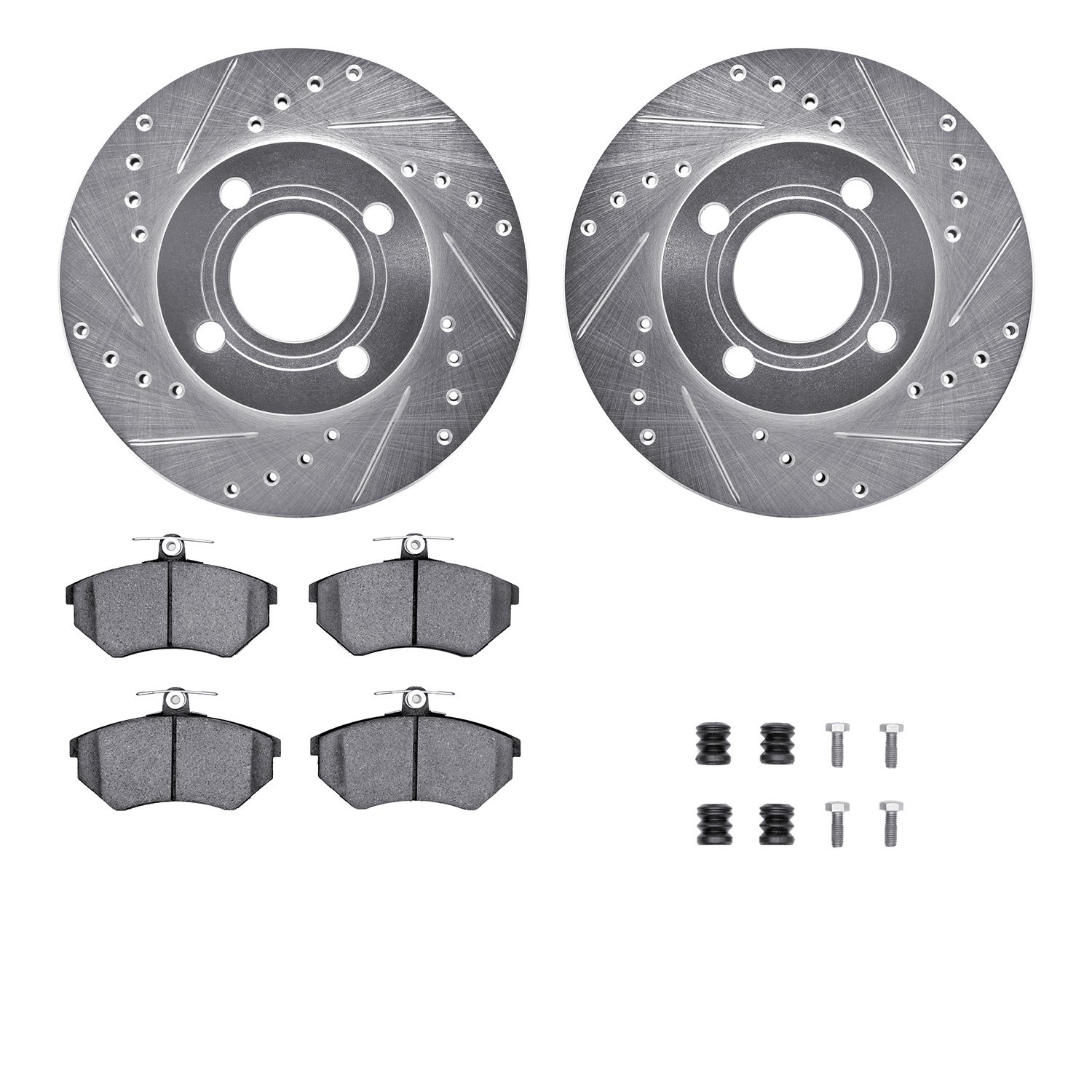 7512-73008 Drilled/Slotted Brake Rotors w/5000 Advanced Brake Pads Kit & Hardware [Silver], 1984-1987 Audi/Volkswagen, Position: