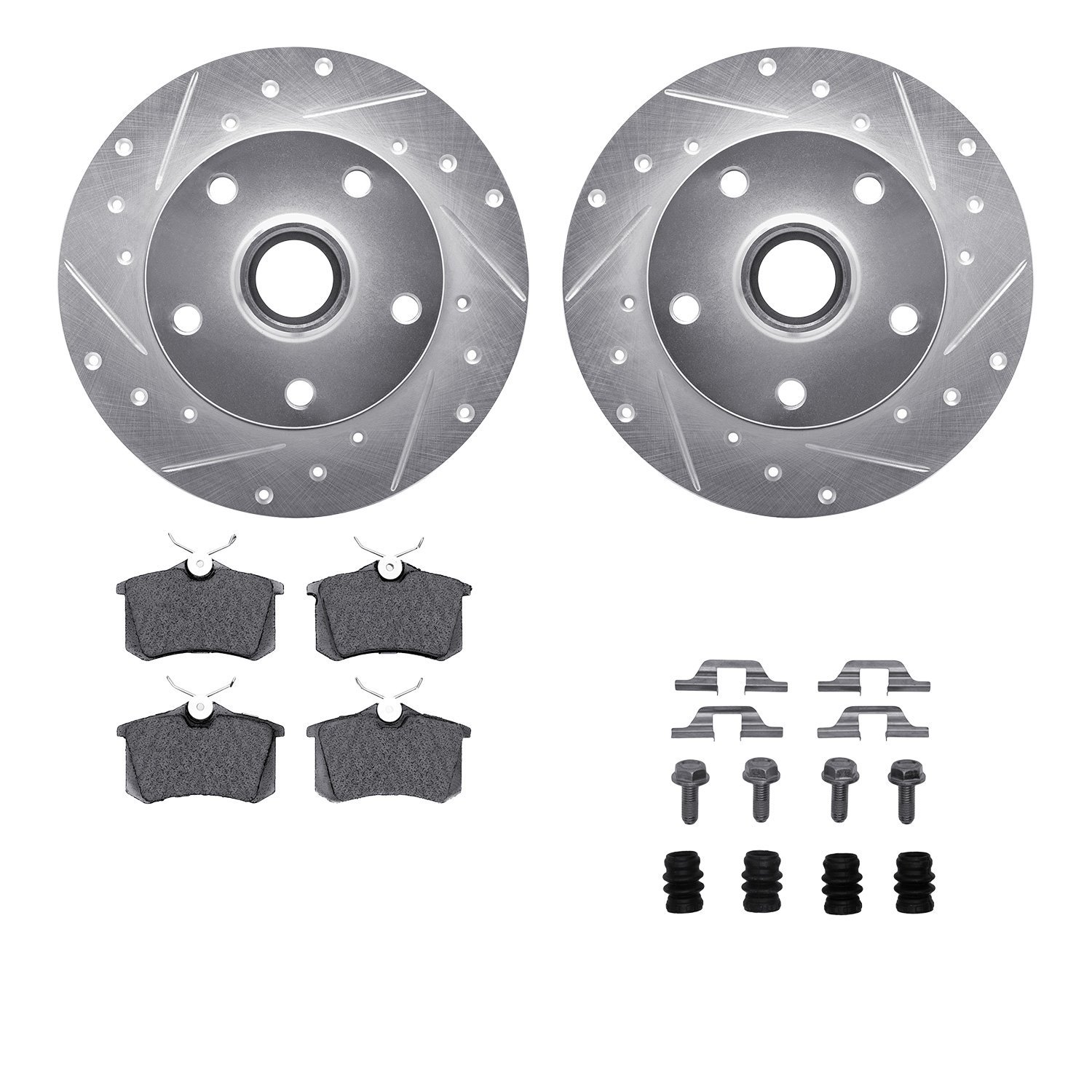 7512-73021 Drilled/Slotted Brake Rotors w/5000 Advanced Brake Pads Kit & Hardware [Silver], 2000-2008 Audi/Volkswagen, Position: