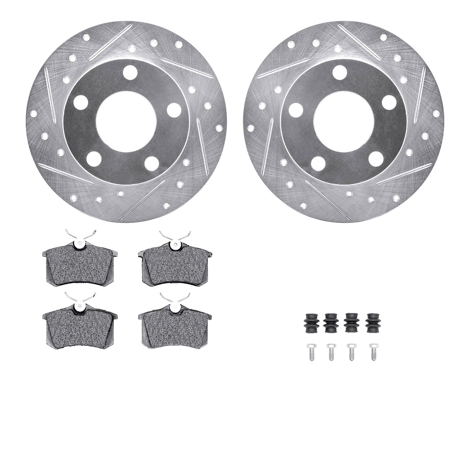 7512-73025 Drilled/Slotted Brake Rotors w/5000 Advanced Brake Pads Kit & Hardware [Silver], 1998-1998 Audi/Volkswagen, Position: