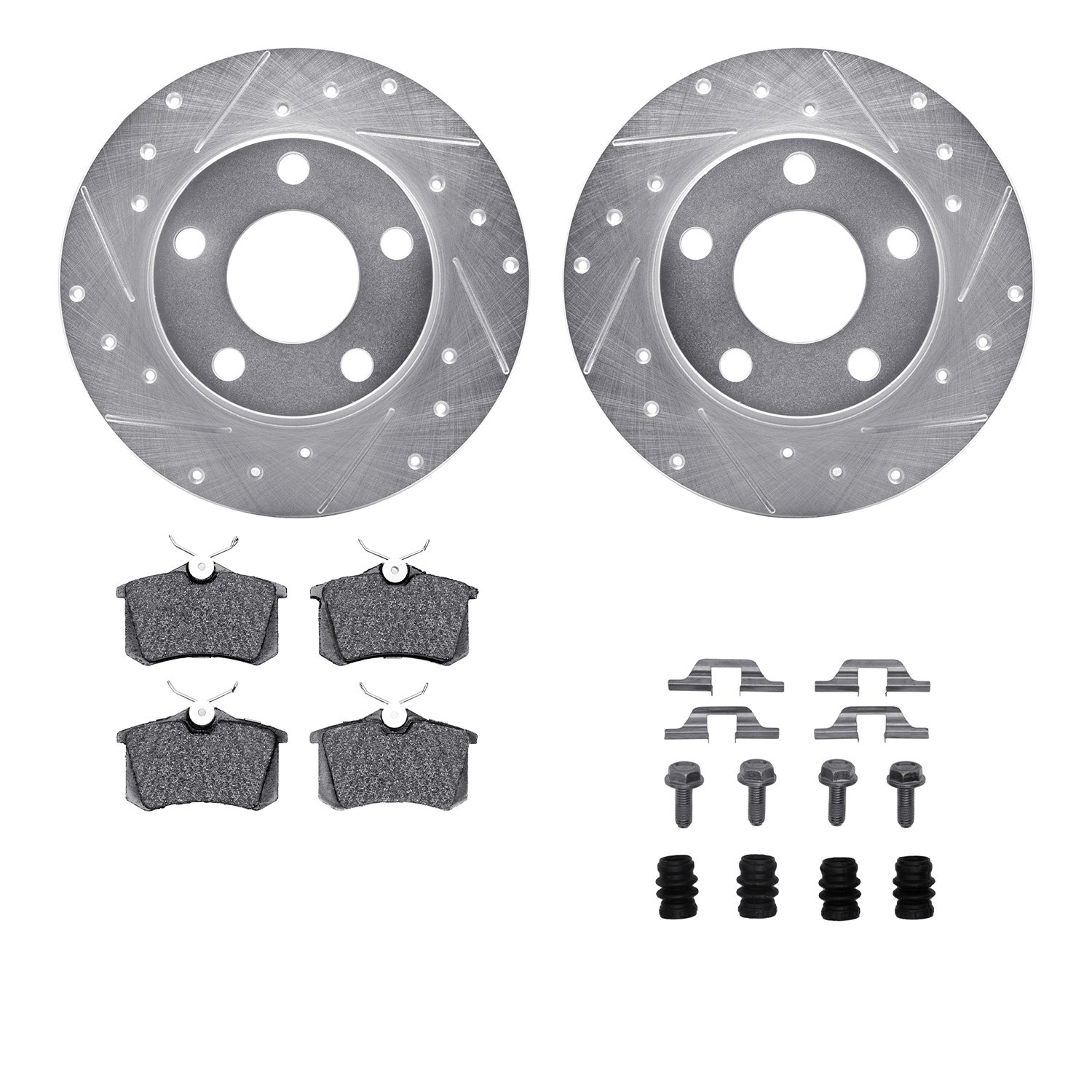 7512-73032 Drilled/Slotted Brake Rotors w/5000 Advanced Brake Pads Kit & Hardware [Silver], 1999-2004 Audi/Volkswagen, Position: