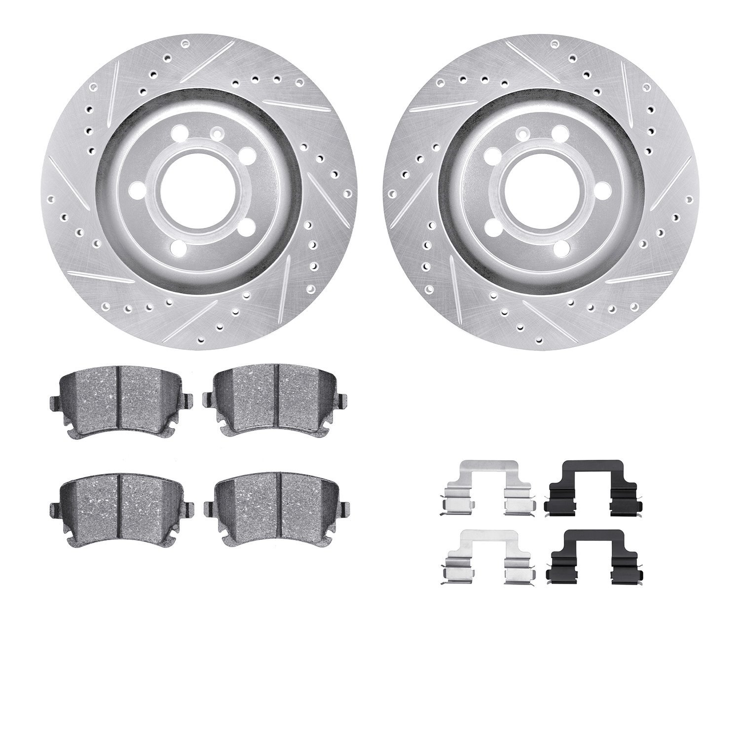 7512-73038 Drilled/Slotted Brake Rotors w/5000 Advanced Brake Pads Kit & Hardware [Silver], 2004-2009 Audi/Volkswagen, Position: