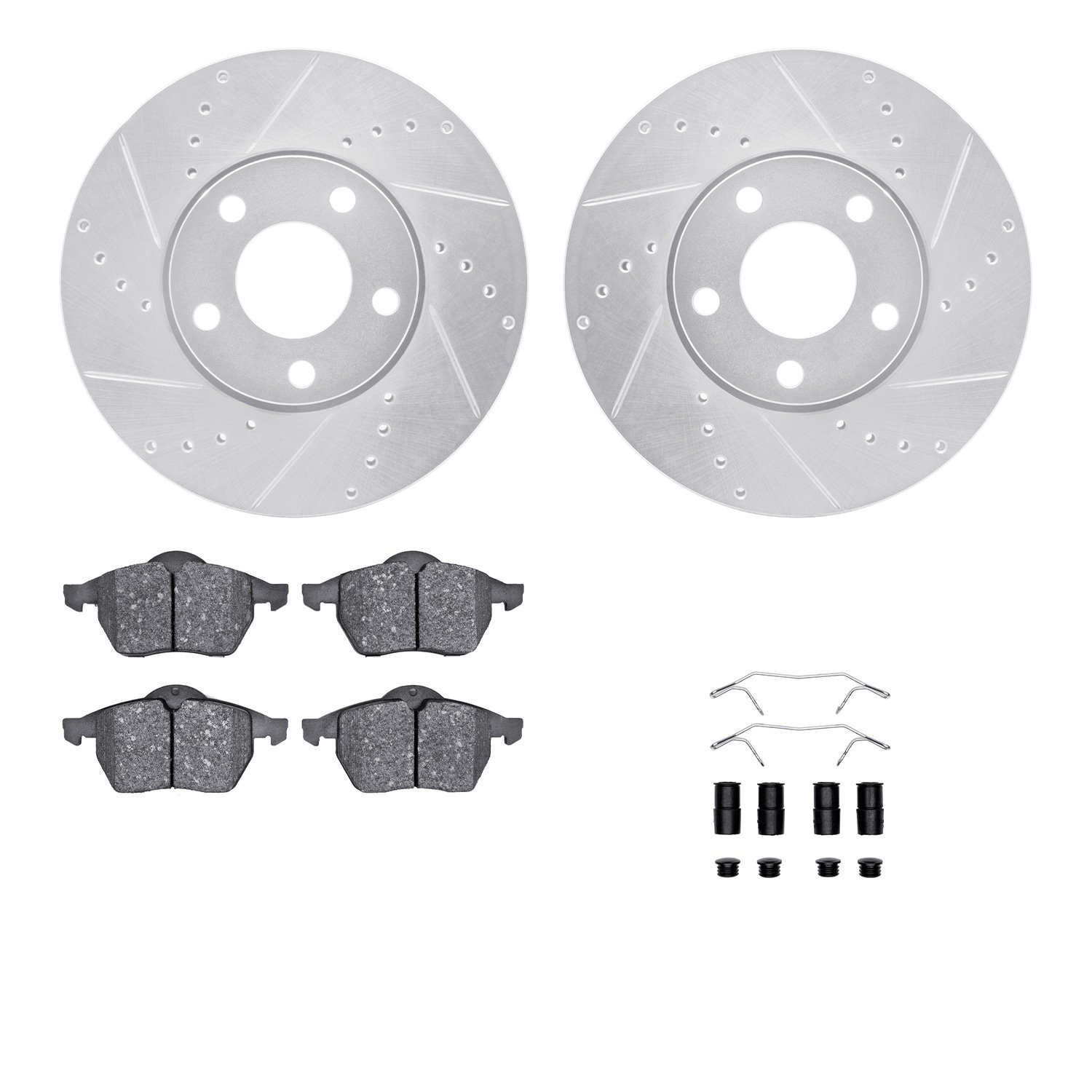 7512-73048 Drilled/Slotted Brake Rotors w/5000 Advanced Brake Pads Kit & Hardware [Silver], 1996-1999 Audi/Volkswagen, Position: