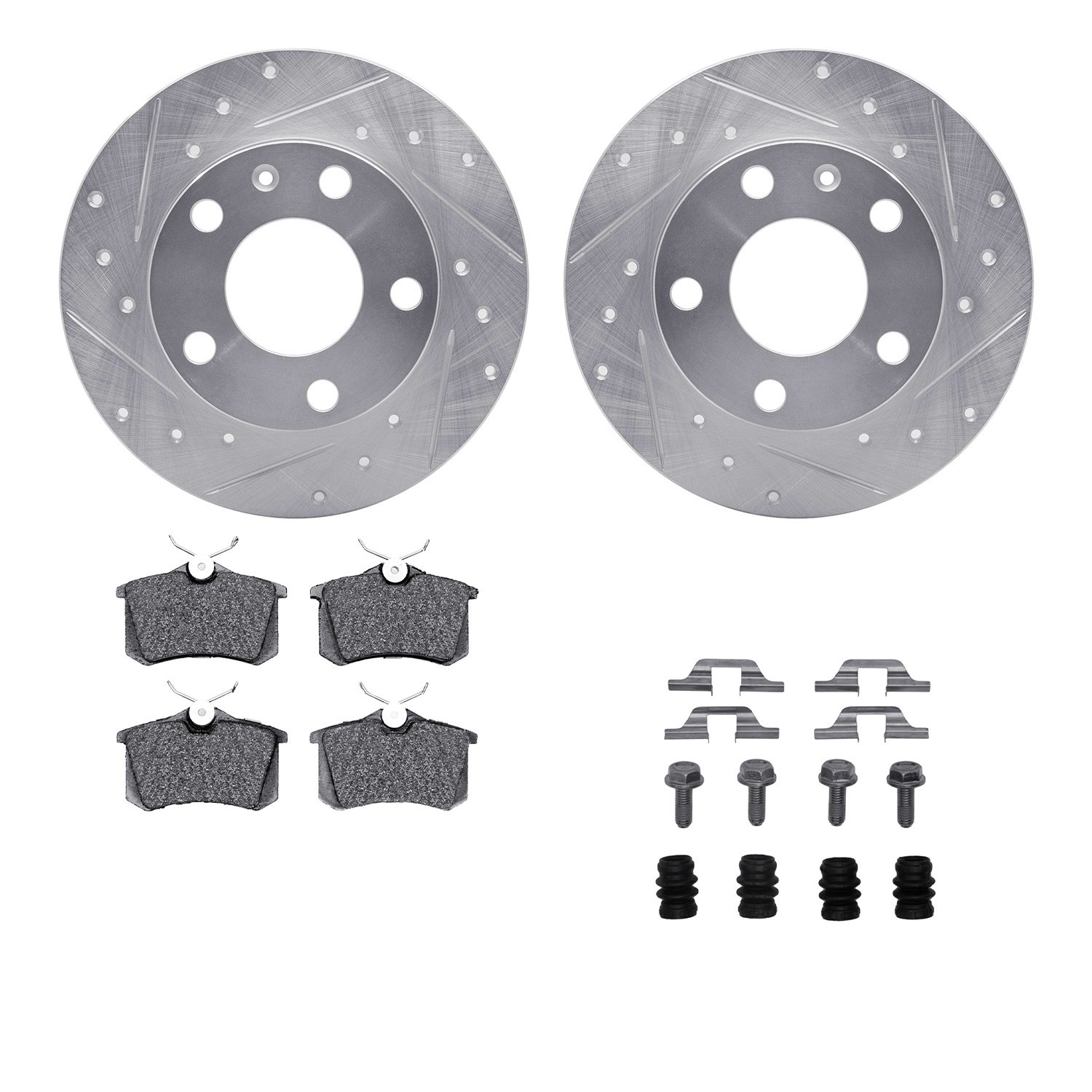 7512-73052 Drilled/Slotted Brake Rotors w/5000 Advanced Brake Pads Kit & Hardware [Silver], 2002-2006 Audi/Volkswagen, Position: