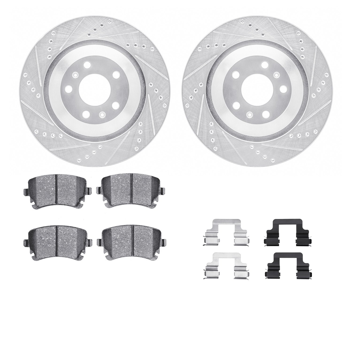 7512-73058 Drilled/Slotted Brake Rotors w/5000 Advanced Brake Pads Kit & Hardware [Silver], 2004-2018 Multiple Makes/Models, Pos