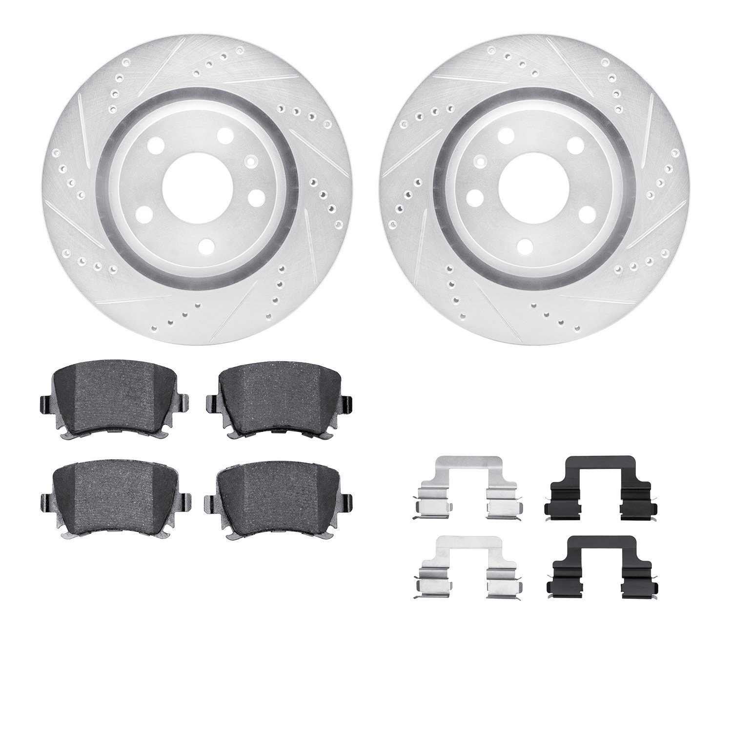 7512-73064 Drilled/Slotted Brake Rotors w/5000 Advanced Brake Pads Kit & Hardware [Silver], 2012-2013 Audi/Volkswagen, Position: