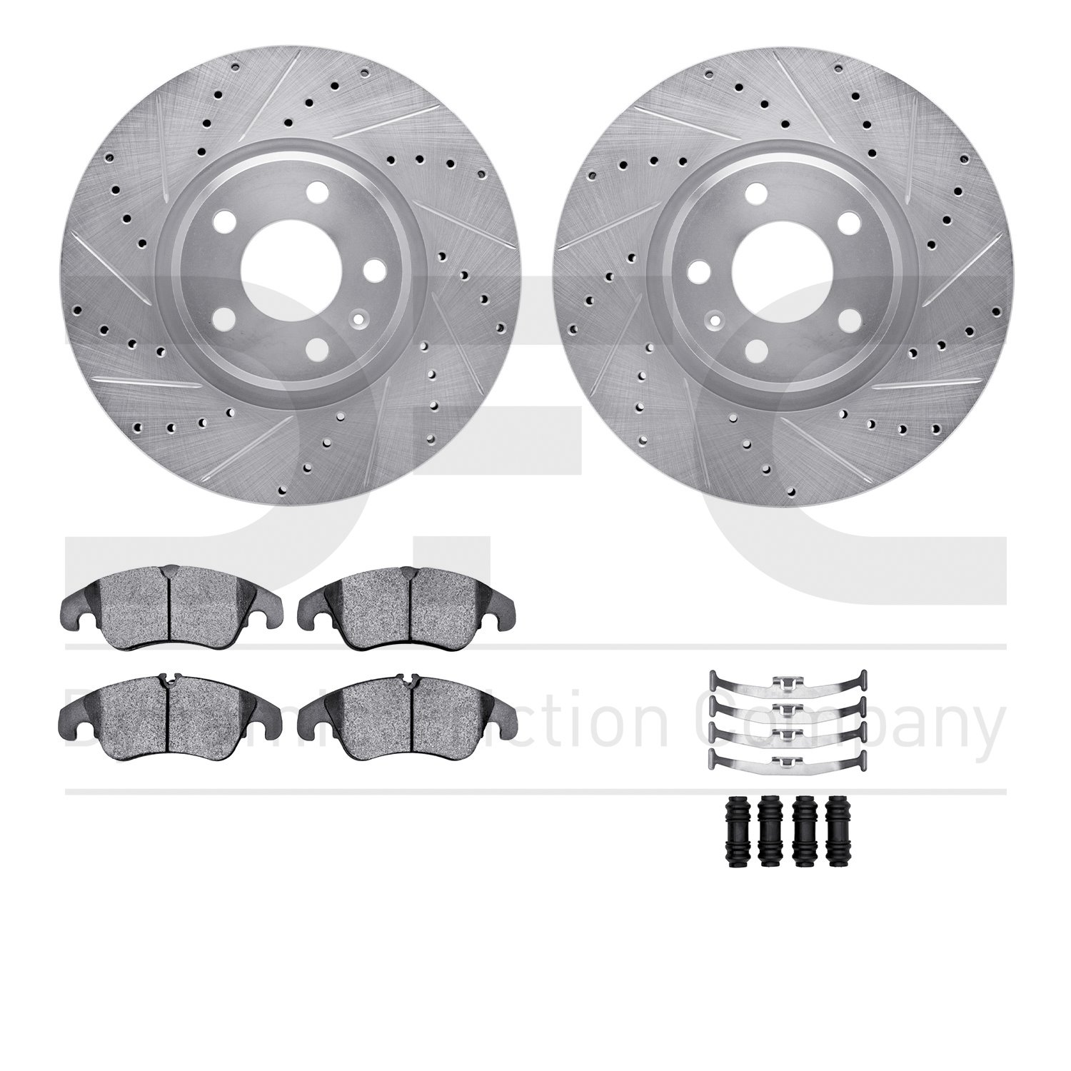 7512-73066 Drilled/Slotted Brake Rotors w/5000 Advanced Brake Pads Kit & Hardware [Silver], 2011-2013 Audi/Volkswagen, Position: