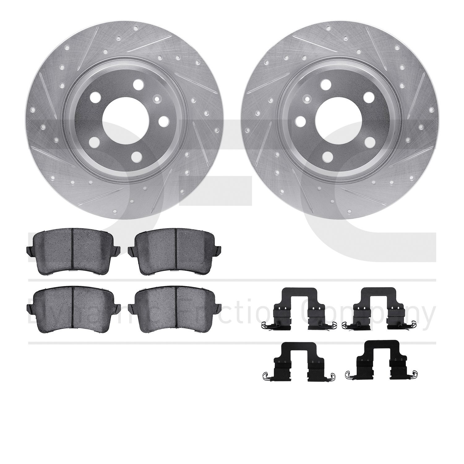 7512-73075 Drilled/Slotted Brake Rotors w/5000 Advanced Brake Pads Kit & Hardware [Silver], 2012-2017 Audi/Volkswagen, Position: