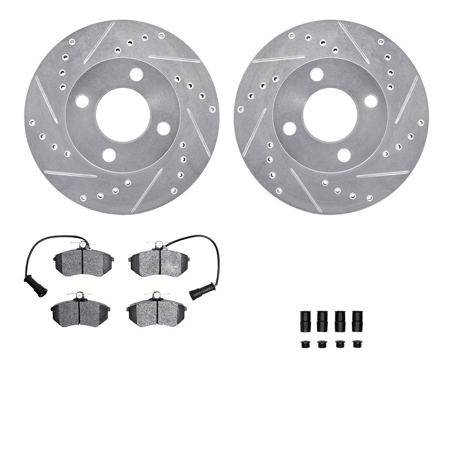 7512-73079 Drilled/Slotted Brake Rotors w/5000 Advanced Brake Pads Kit & Hardware [Silver], 1983-1991 Audi/Volkswagen, Position: