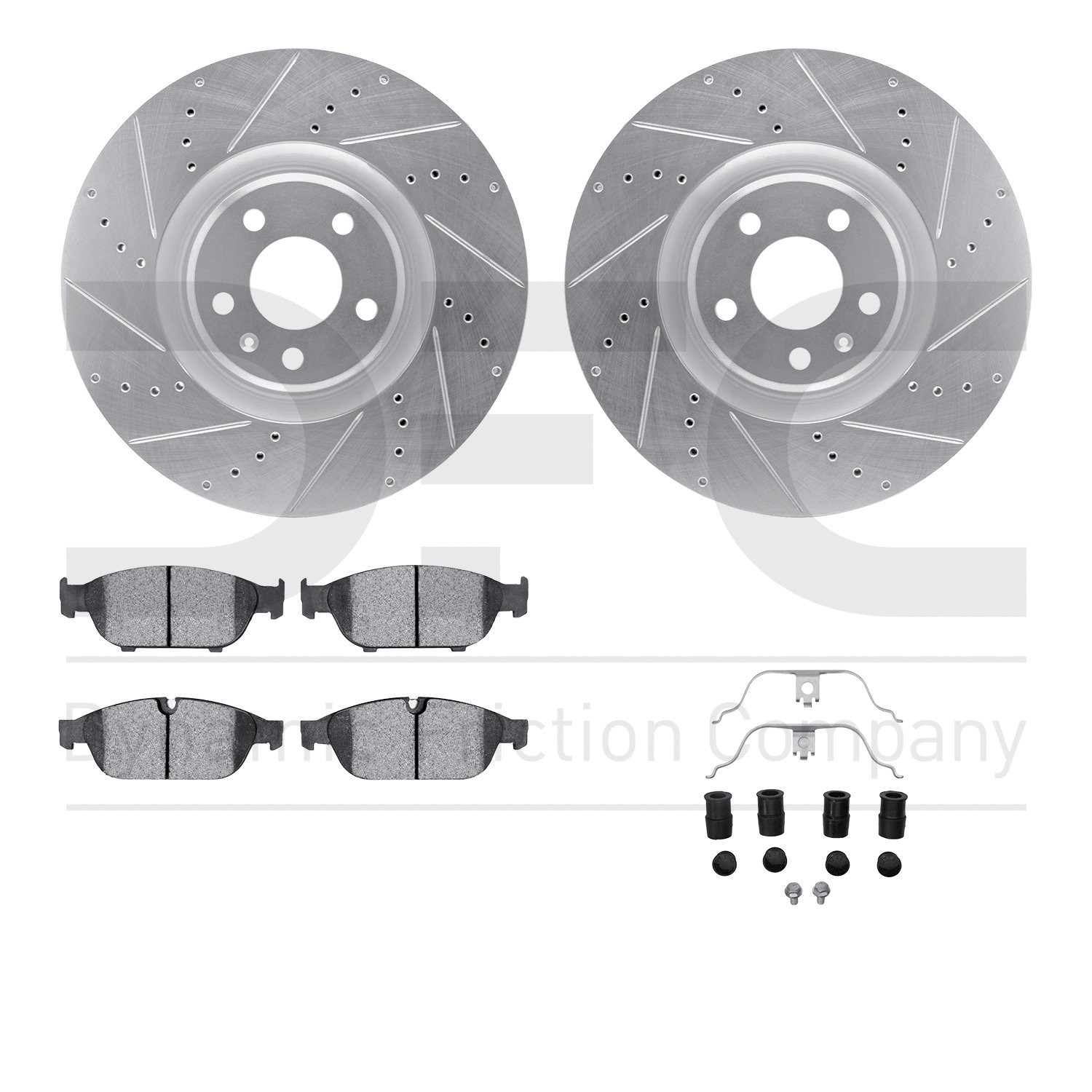 7512-73082 Drilled/Slotted Brake Rotors w/5000 Advanced Brake Pads Kit & Hardware [Silver], 2012-2014 Audi/Volkswagen, Position: