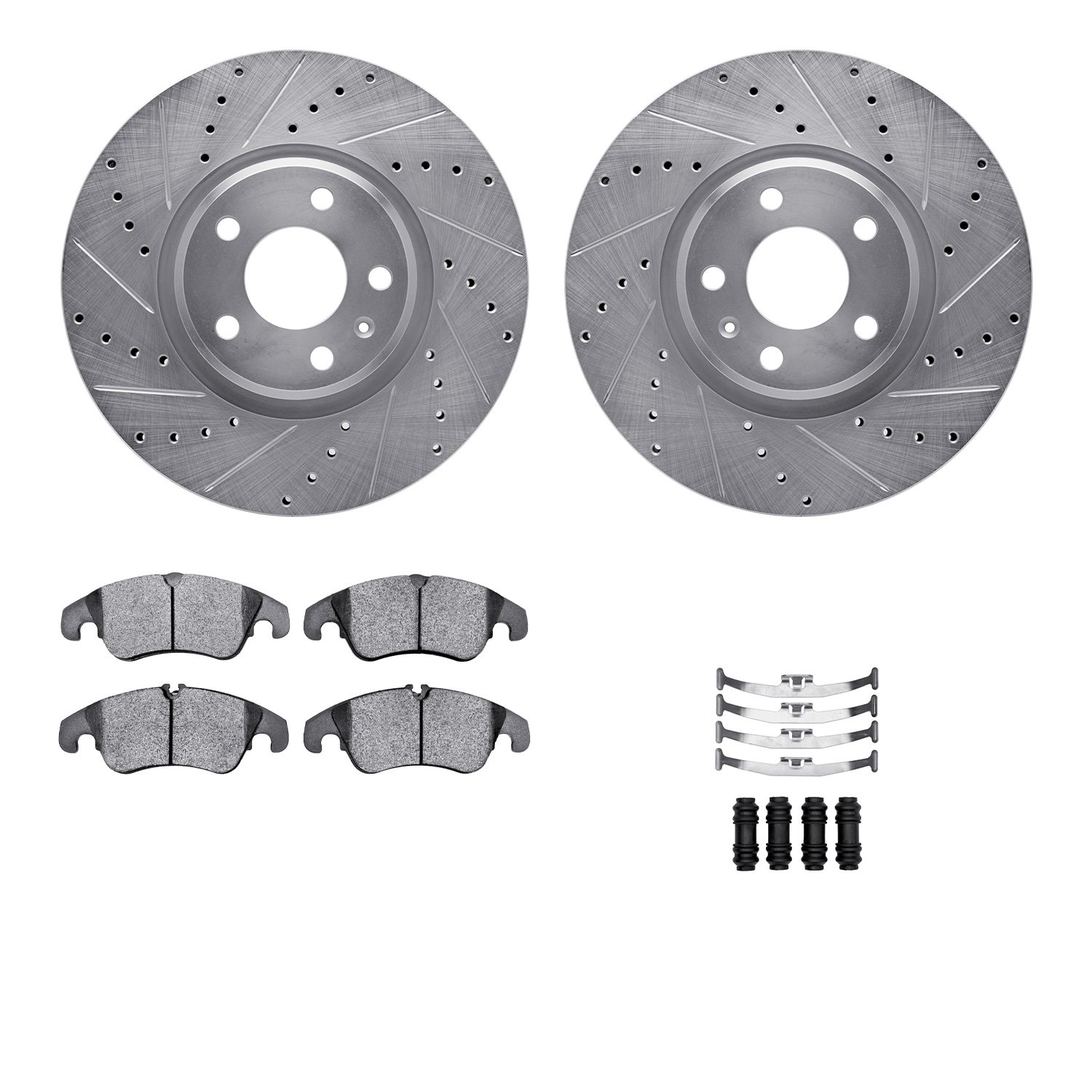 7512-73087 Drilled/Slotted Brake Rotors w/5000 Advanced Brake Pads Kit & Hardware [Silver], 2012-2013 Audi/Volkswagen, Position: