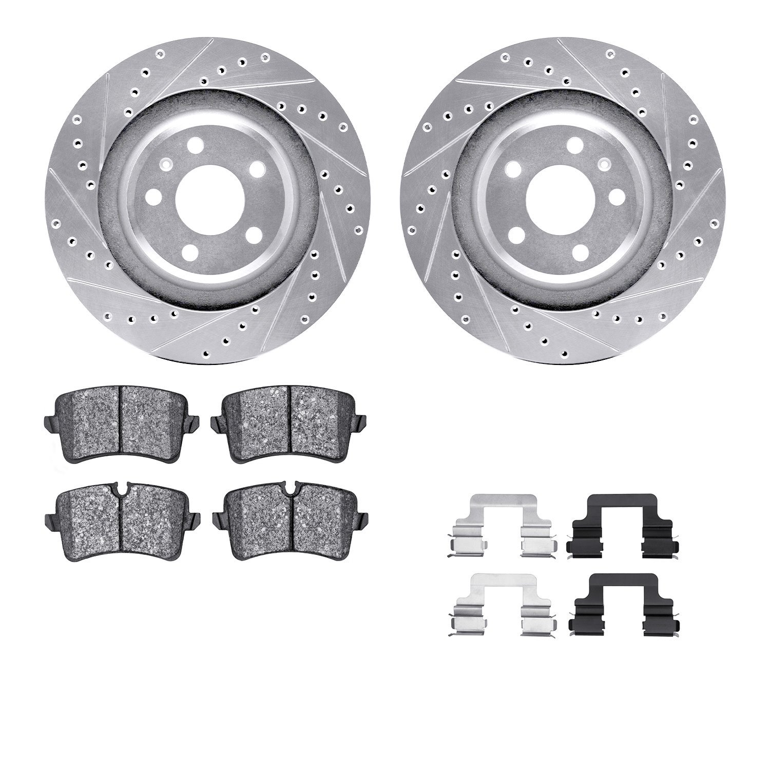 7512-73090 Drilled/Slotted Brake Rotors w/5000 Advanced Brake Pads Kit & Hardware [Silver], 2012-2021 Multiple Makes/Models, Pos