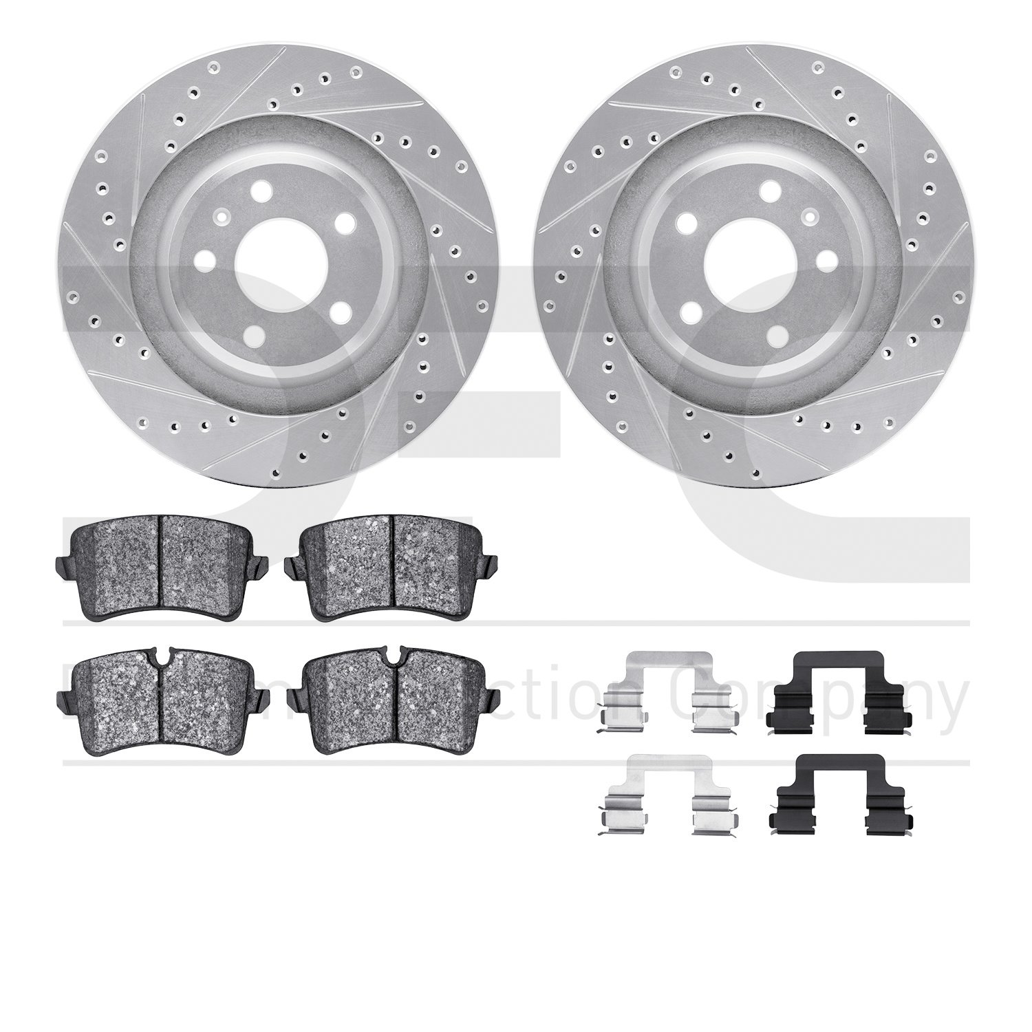 7512-73091 Drilled/Slotted Brake Rotors w/5000 Advanced Brake Pads Kit & Hardware [Silver], 2014-2018 Audi/Volkswagen, Position: