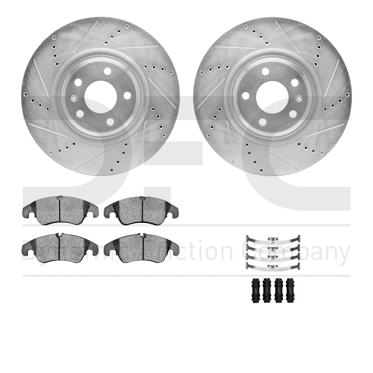 7512-73093 Drilled/Slotted Brake Rotors w/5000 Advanced Brake Pads Kit & Hardware [Silver], 2012-2015 Audi/Volkswagen, Position: