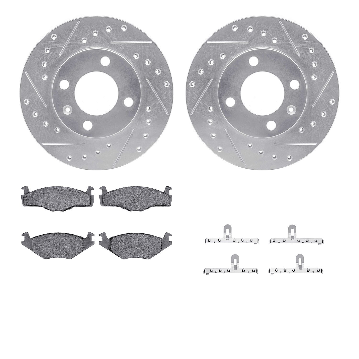 7512-74002 Drilled/Slotted Brake Rotors w/5000 Advanced Brake Pads Kit & Hardware [Silver], 1984-1993 Audi/Volkswagen, Position: