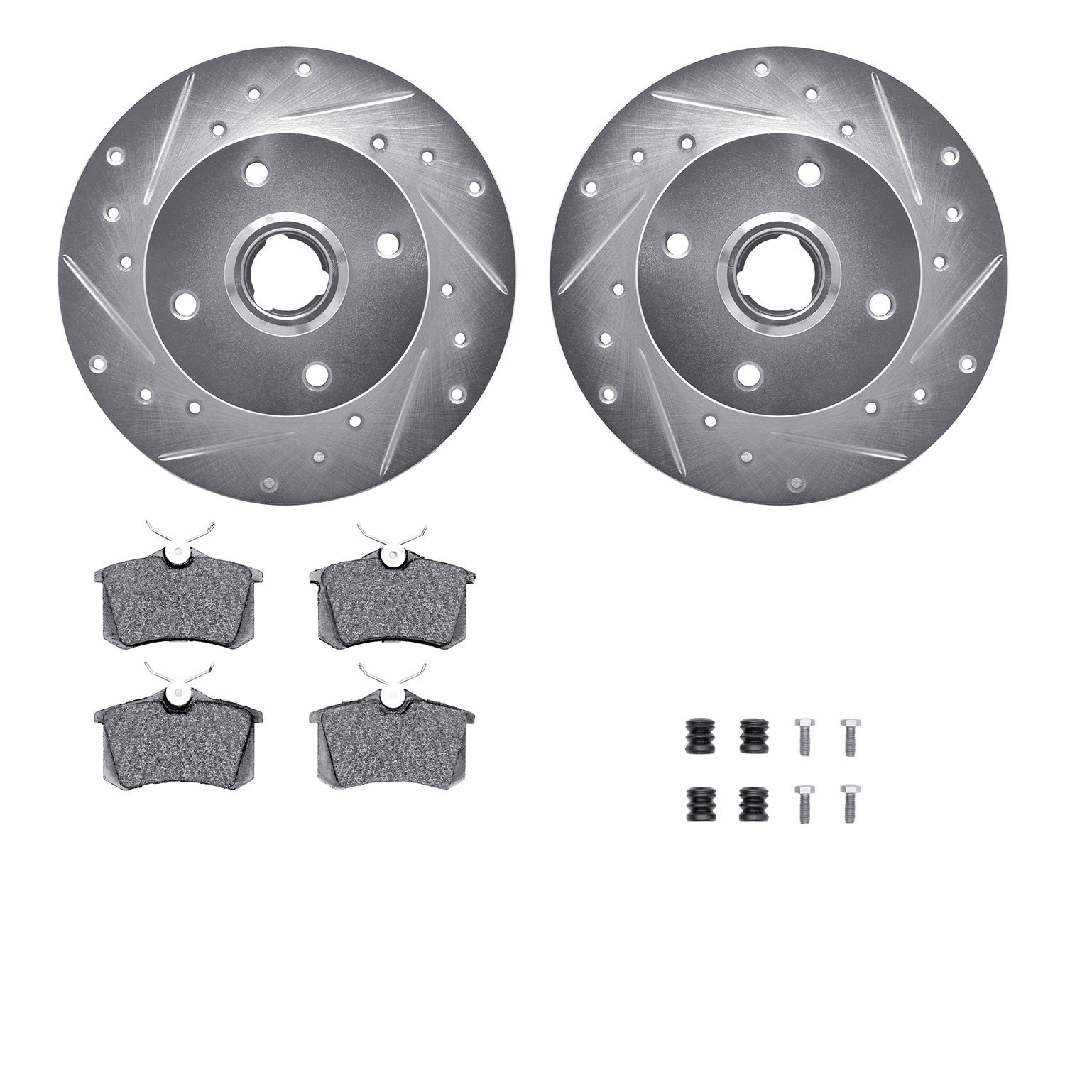 7512-74005 Drilled/Slotted Brake Rotors w/5000 Advanced Brake Pads Kit & Hardware [Silver], 1985-1998 Audi/Volkswagen, Position: