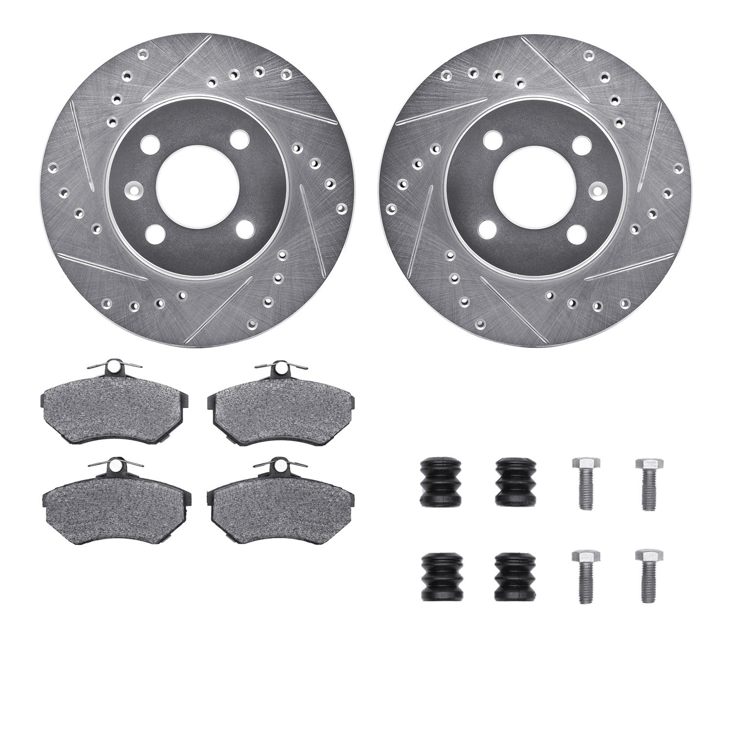 7512-74009 Drilled/Slotted Brake Rotors w/5000 Advanced Brake Pads Kit & Hardware [Silver], 1993-1993 Audi/Volkswagen, Position: