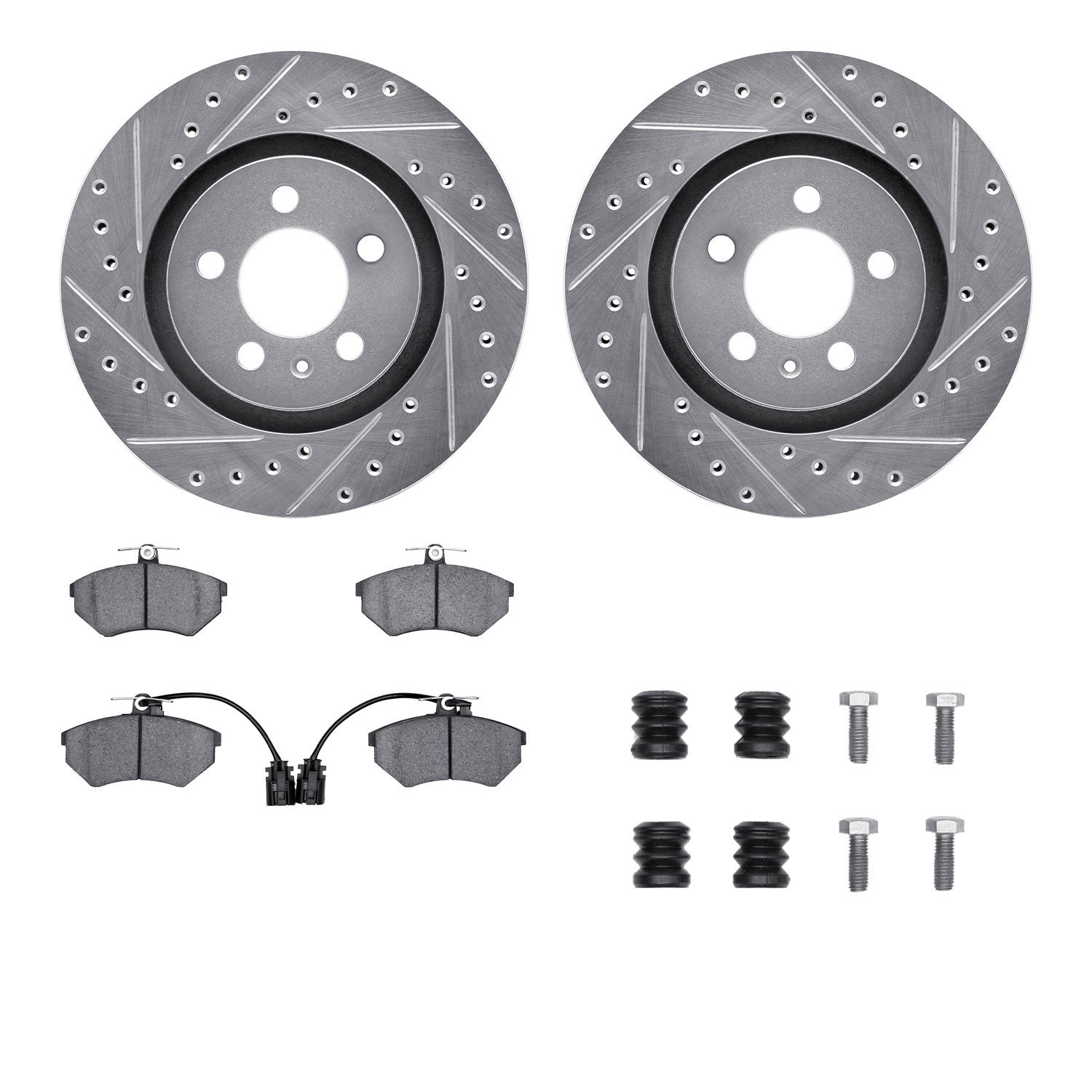 7512-74012 Drilled/Slotted Brake Rotors w/5000 Advanced Brake Pads Kit & Hardware [Silver], 1994-1995 Audi/Volkswagen, Position: