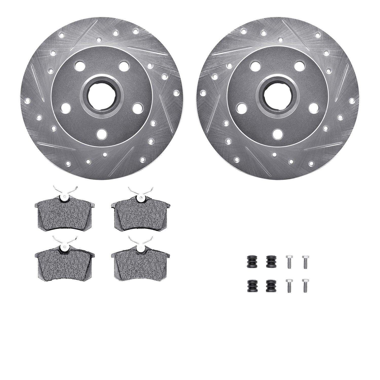 7512-74014 Drilled/Slotted Brake Rotors w/5000 Advanced Brake Pads Kit & Hardware [Silver], 1997-1998 Audi/Volkswagen, Position: