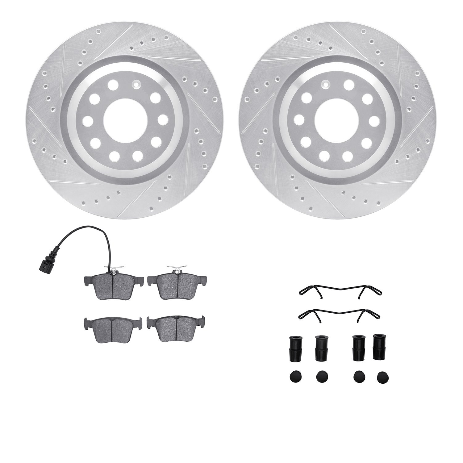 7512-74061 Drilled/Slotted Brake Rotors w/5000 Advanced Brake Pads Kit & Hardware [Silver], Fits Select Audi/Volkswagen, Positio