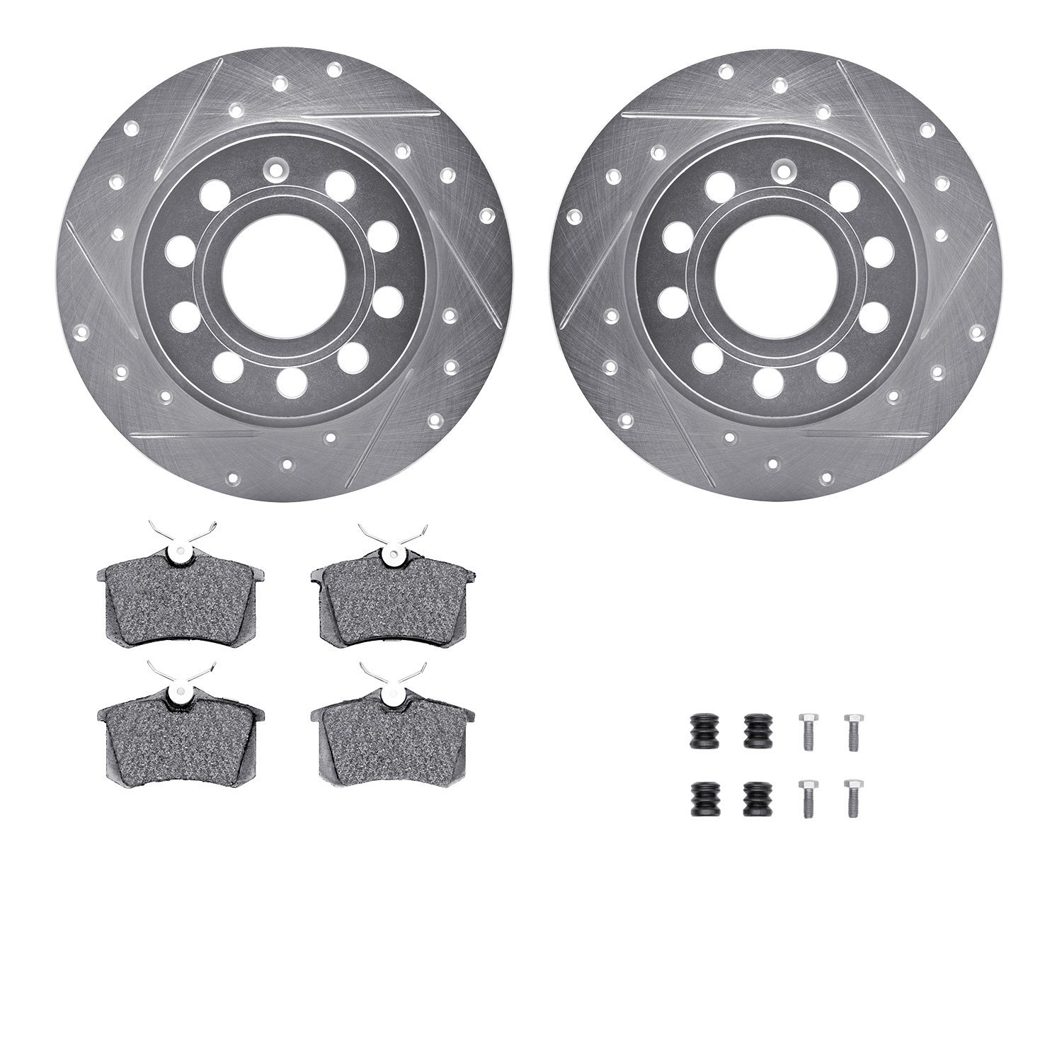 7512-74069 Drilled/Slotted Brake Rotors w/5000 Advanced Brake Pads Kit & Hardware [Silver], 2012-2019 Audi/Volkswagen, Position: