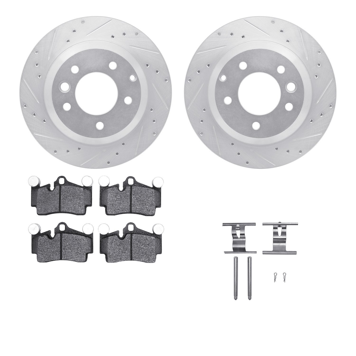 7512-74077 Drilled/Slotted Brake Rotors w/5000 Advanced Brake Pads Kit & Hardware [Silver], 2003-2015 Multiple Makes/Models, Pos