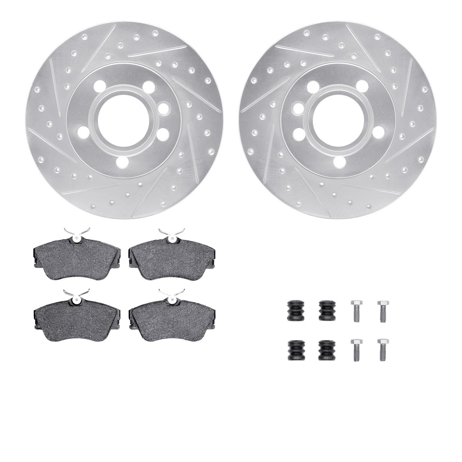 7512-74092 Drilled/Slotted Brake Rotors w/5000 Advanced Brake Pads Kit & Hardware [Silver], 1996-1999 Audi/Volkswagen, Position: