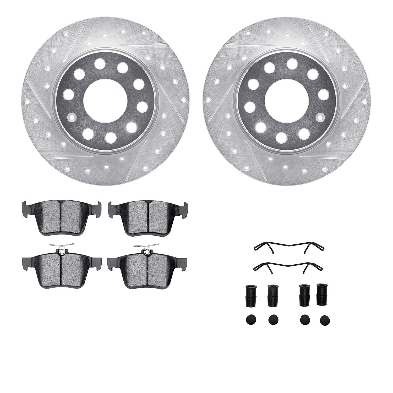 7512-74114 Drilled/Slotted Brake Rotors w/5000 Advanced Brake Pads Kit & Hardware [Silver], Fits Select Audi/Volkswagen, Positio
