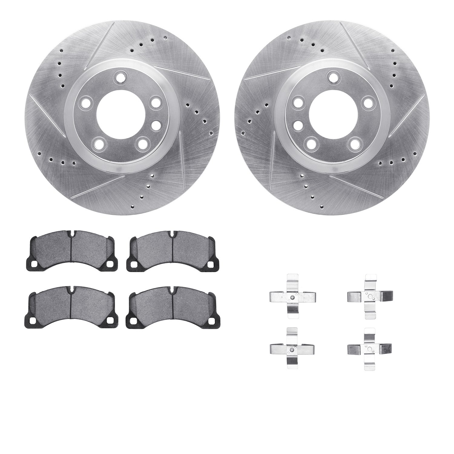7512-74118 Drilled/Slotted Brake Rotors w/5000 Advanced Brake Pads Kit & Hardware [Silver], 2011-2014 Porsche, Position: Front