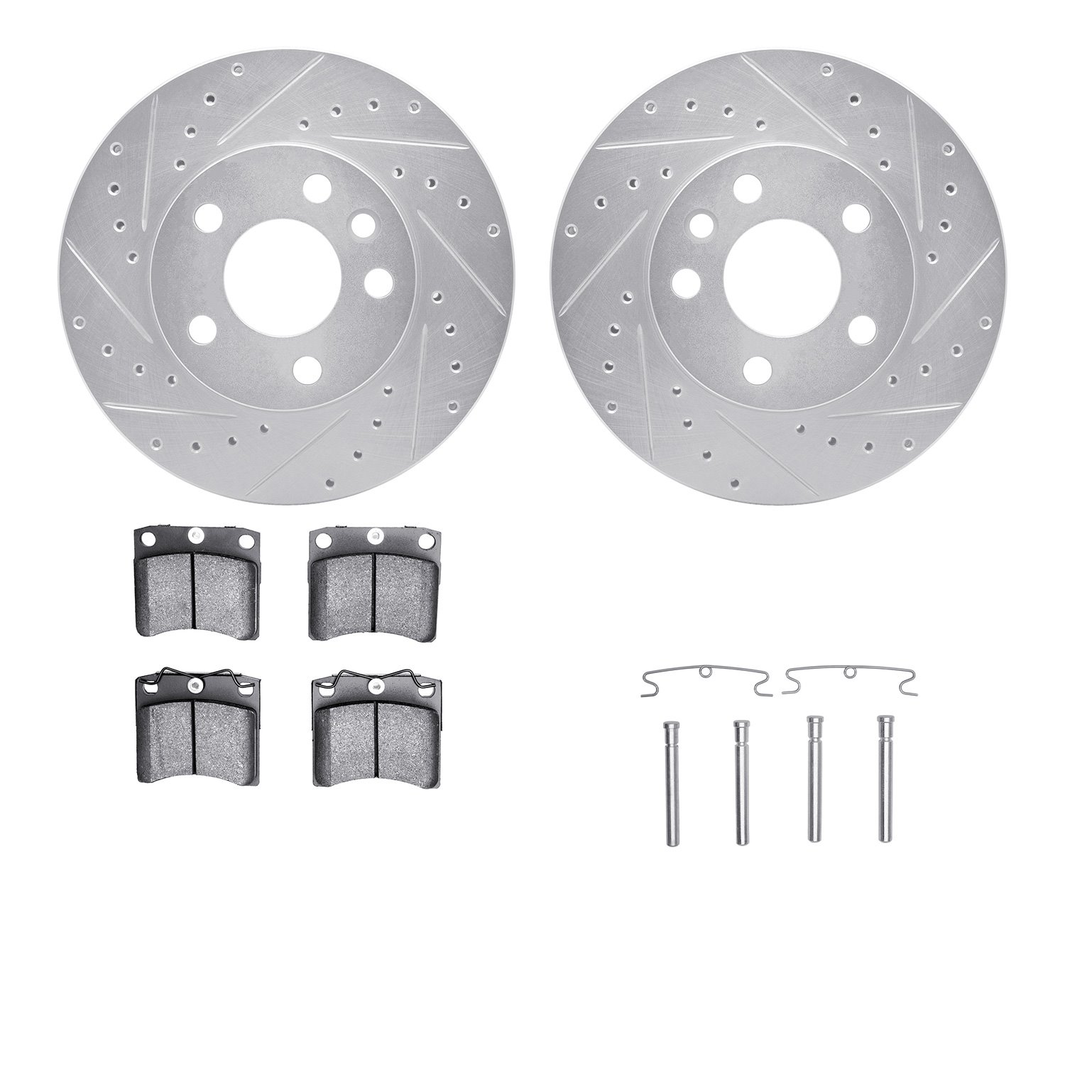 7512-74231 Drilled/Slotted Brake Rotors w/5000 Advanced Brake Pads Kit & Hardware [Silver], 1996-1999 Audi/Volkswagen, Position: