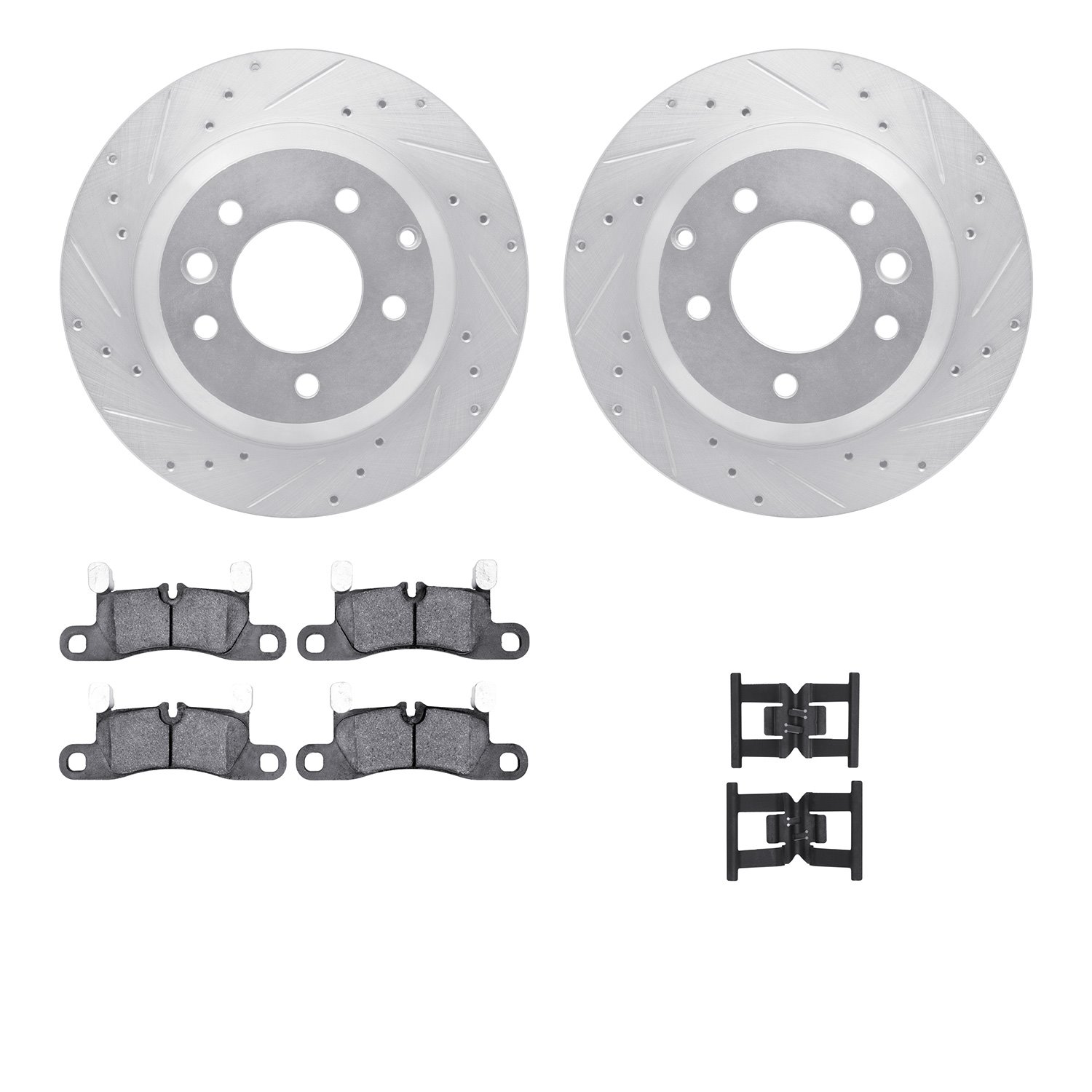 7512-74404 Drilled/Slotted Brake Rotors w/5000 Advanced Brake Pads Kit & Hardware [Silver], 2011-2014 Porsche, Position: Rear