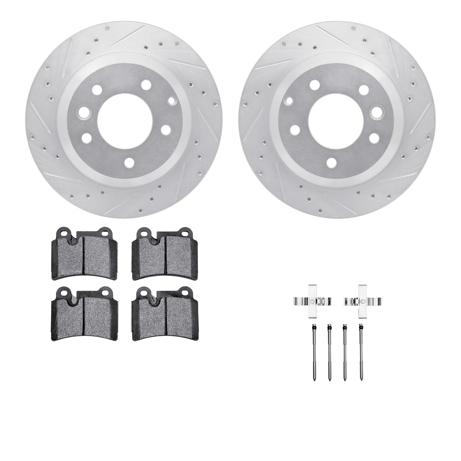 7512-74405 Drilled/Slotted Brake Rotors w/5000 Advanced Brake Pads Kit & Hardware [Silver], 2008-2009 Audi/Volkswagen, Position:
