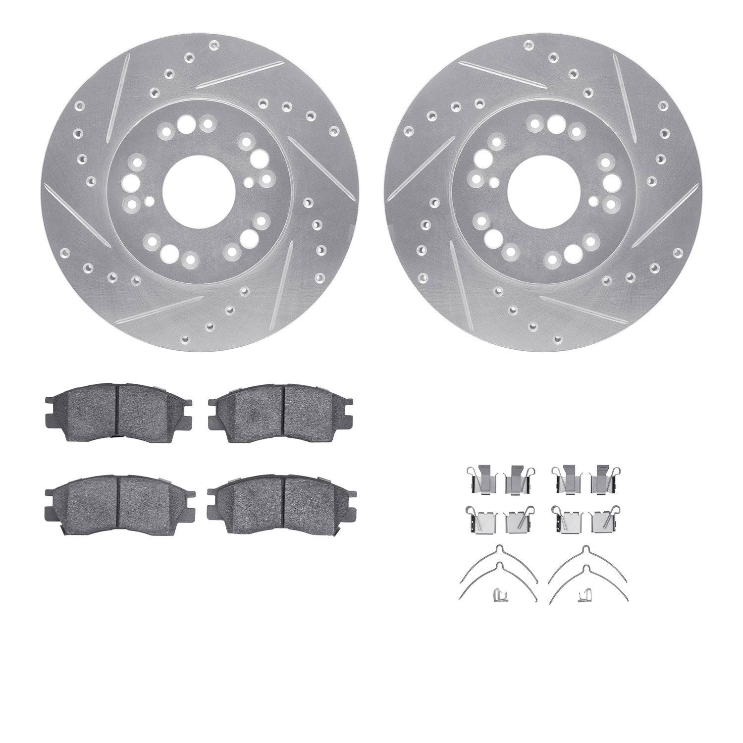 7512-75002 Drilled/Slotted Brake Rotors w/5000 Advanced Brake Pads Kit & Hardware [Silver], 1991-1992 Lexus/Toyota/Scion, Positi