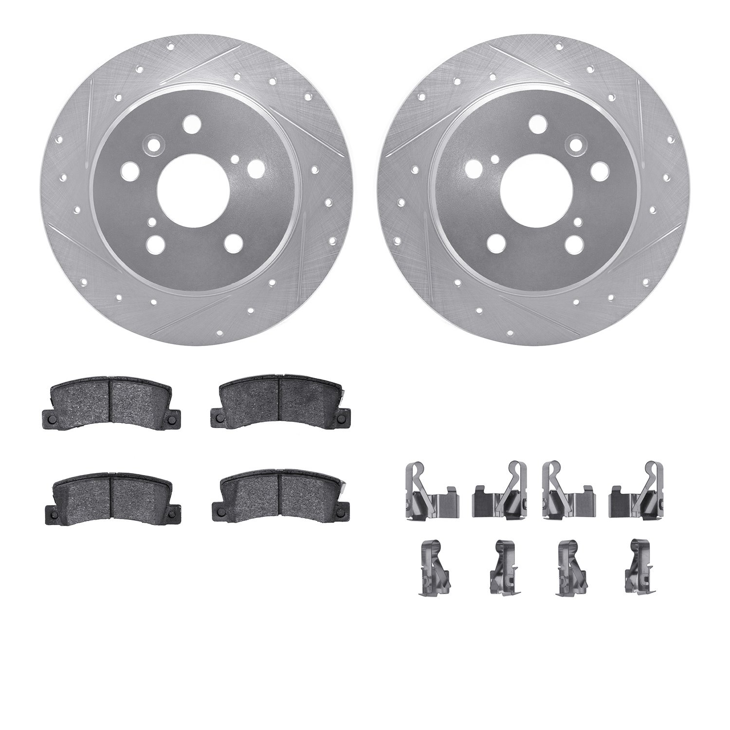 7512-76063 Drilled/Slotted Brake Rotors w/5000 Advanced Brake Pads Kit & Hardware [Silver], 1999-2003 Lexus/Toyota/Scion, Positi