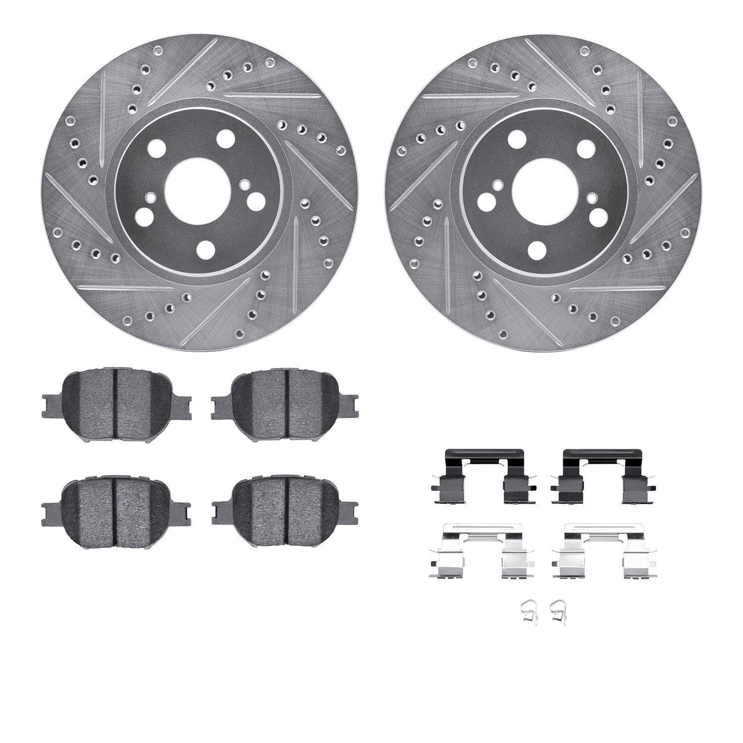 7512-76082 Drilled/Slotted Brake Rotors w/5000 Advanced Brake Pads Kit & Hardware [Silver], 2000-2010 Lexus/Toyota/Scion, Positi