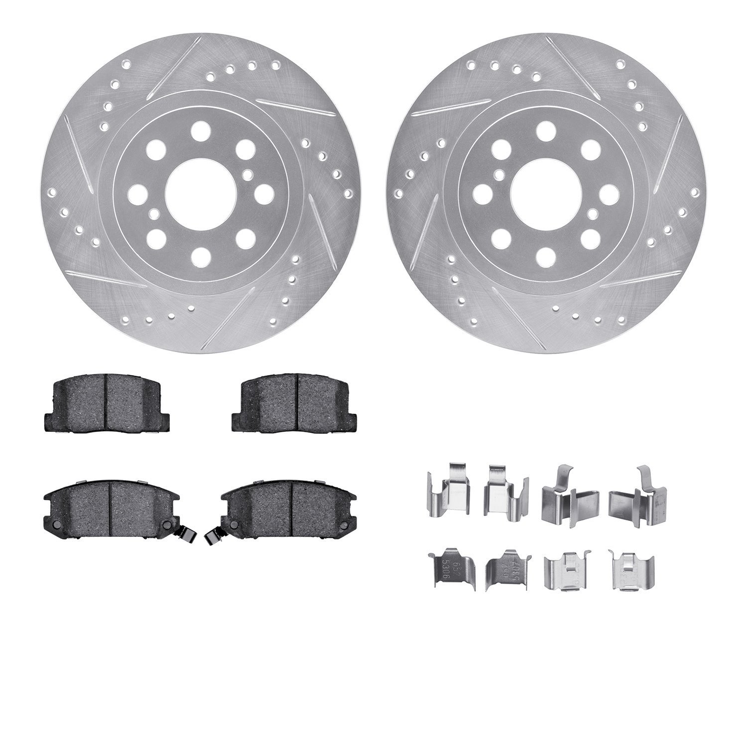 7512-76092 Drilled/Slotted Brake Rotors w/5000 Advanced Brake Pads Kit & Hardware [Silver], 2000-2005 Lexus/Toyota/Scion, Positi