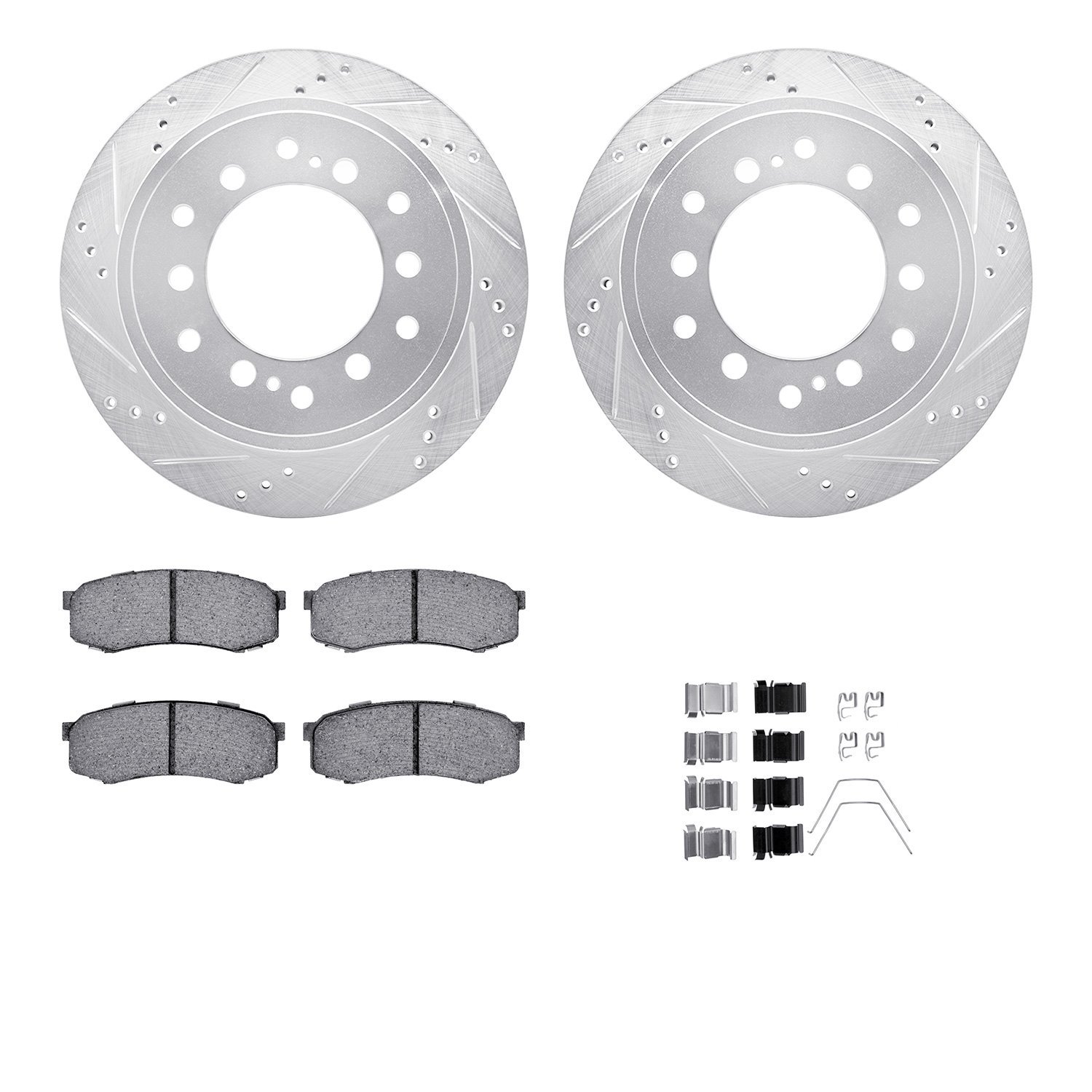 7512-76100 Drilled/Slotted Brake Rotors w/5000 Advanced Brake Pads Kit & Hardware [Silver], Fits Select Lexus/Toyota/Scion, Posi