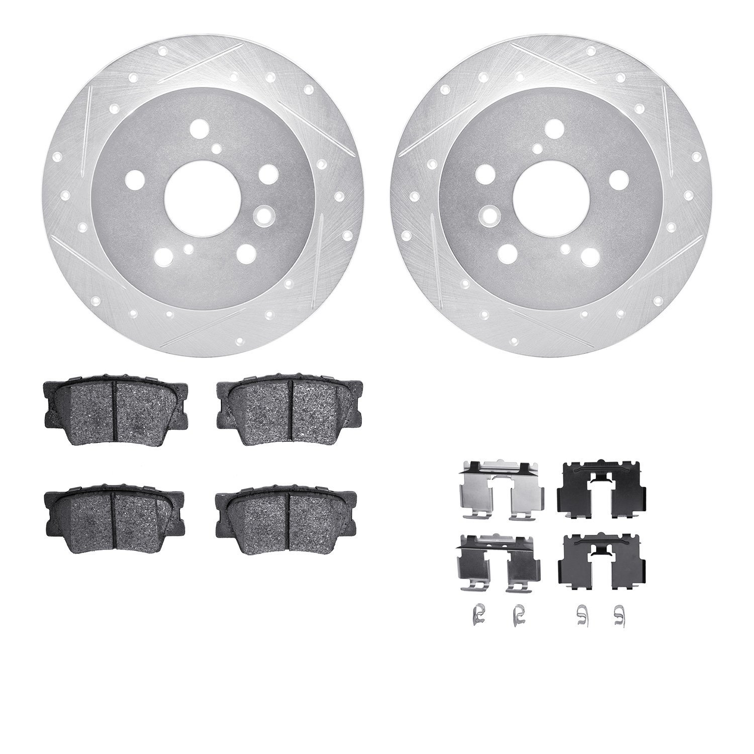 7512-76187 Drilled/Slotted Brake Rotors w/5000 Advanced Brake Pads Kit & Hardware [Silver], Fits Select Lexus/Toyota/Scion, Posi