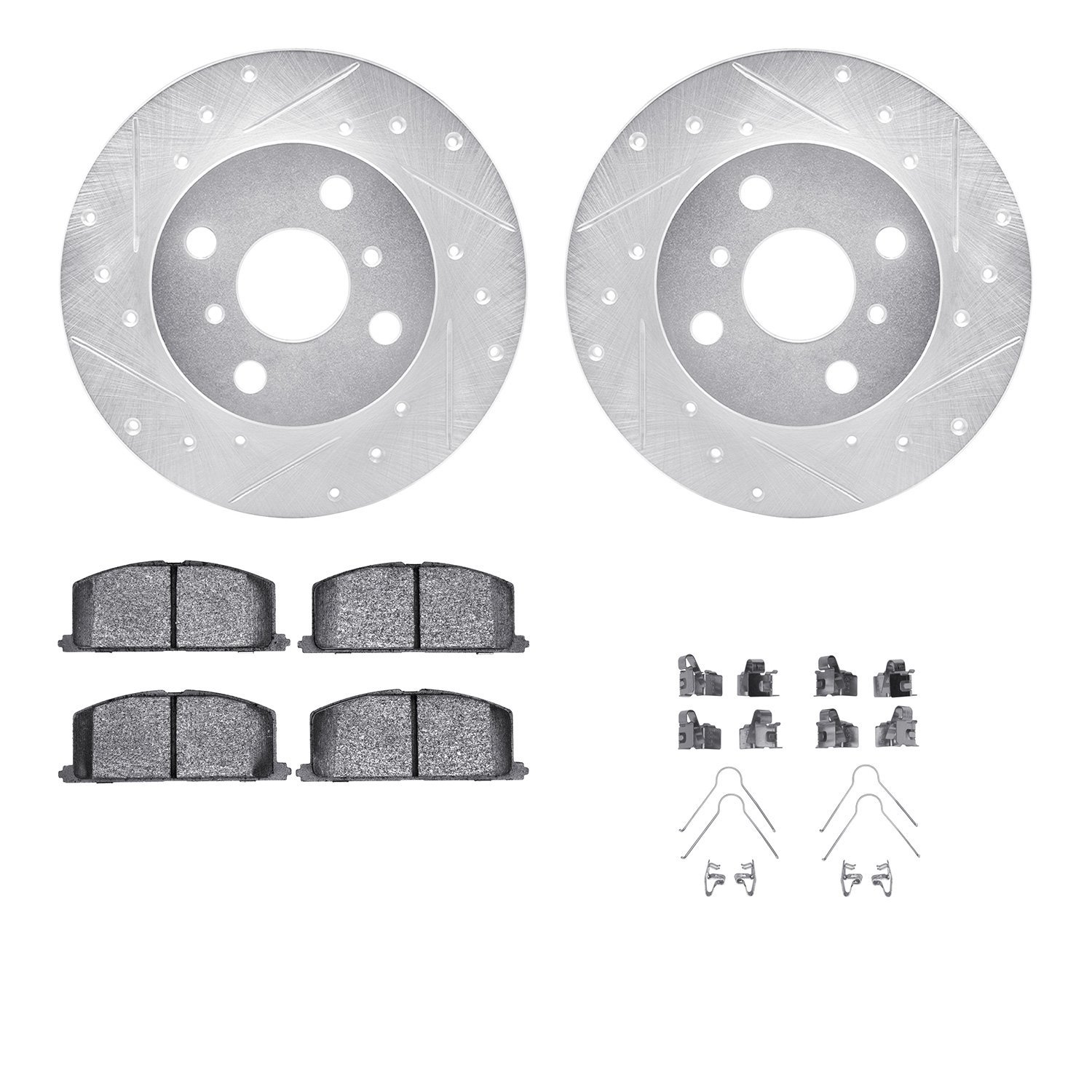 7512-76200 Drilled/Slotted Brake Rotors w/5000 Advanced Brake Pads Kit & Hardware [Silver], 1984-1988 Multiple Makes/Models, Pos