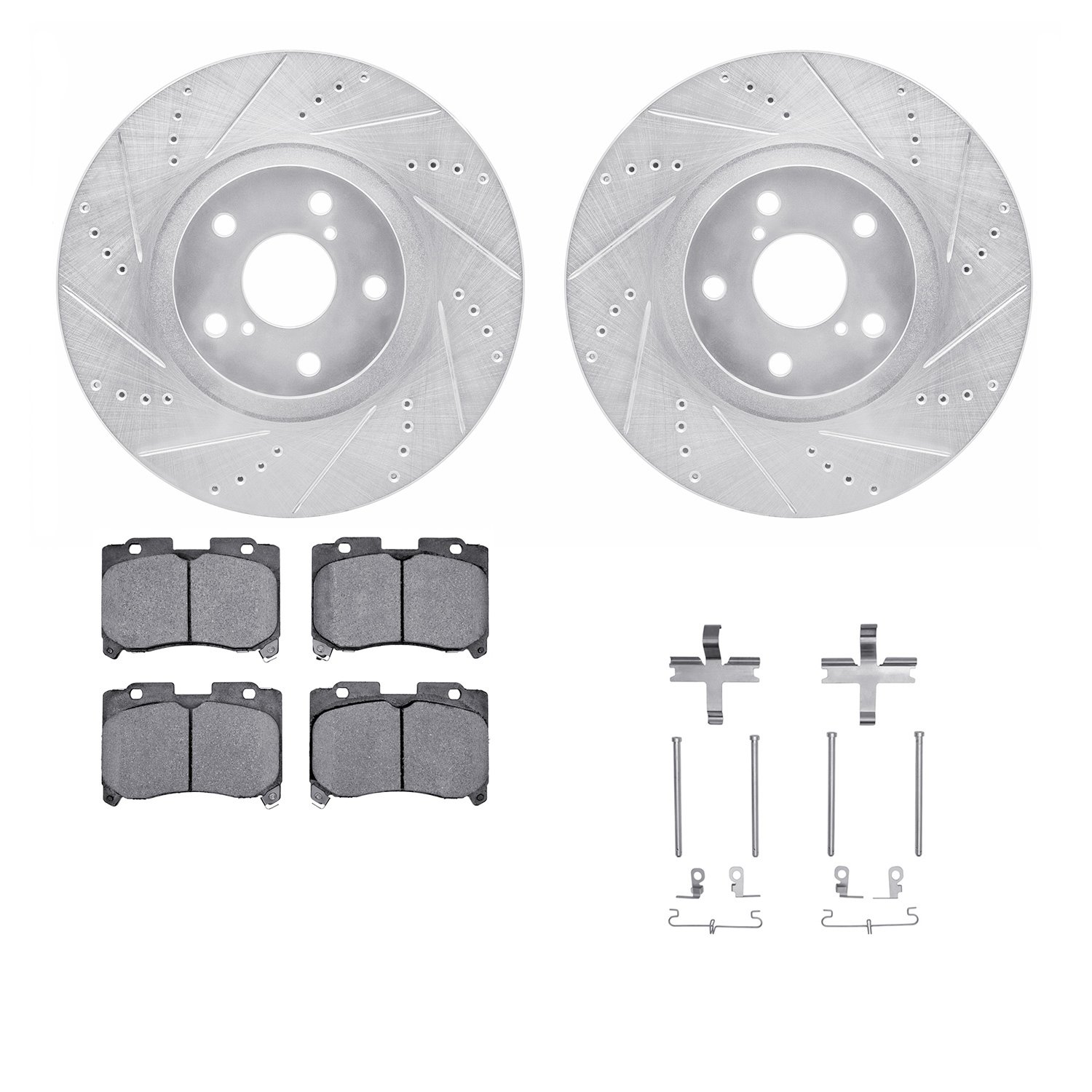 7512-76380 Drilled/Slotted Brake Rotors w/5000 Advanced Brake Pads Kit & Hardware [Silver], 1993-1998 Lexus/Toyota/Scion, Positi