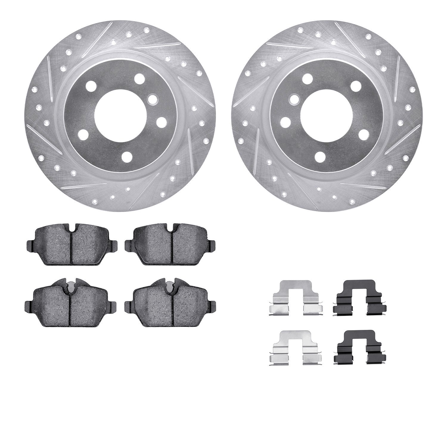 7512-92005 Drilled/Slotted Brake Rotors w/5000 Advanced Brake Pads Kit & Hardware [Silver], 2005-2012 BMW, Position: Rear