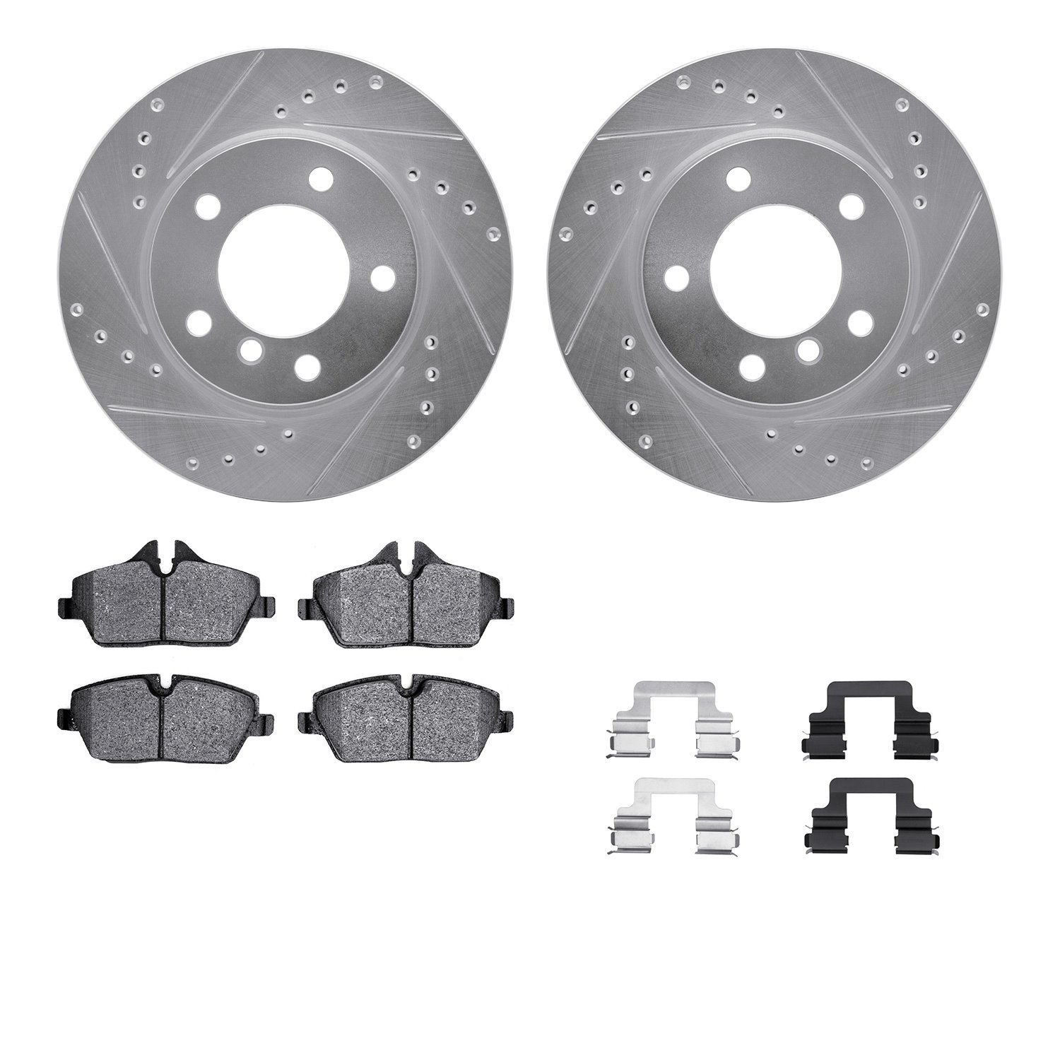 7512-92010 Drilled/Slotted Brake Rotors w/5000 Advanced Brake Pads Kit & Hardware [Silver], 2006-2007 BMW, Position: Front