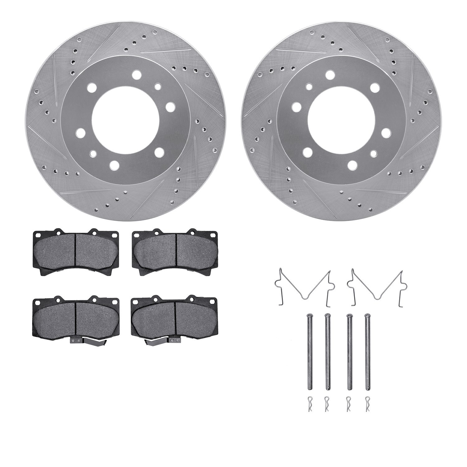 7512-93001 Drilled/Slotted Brake Rotors w/5000 Advanced Brake Pads Kit & Hardware [Silver], 2006-2010 GM, Position: Front