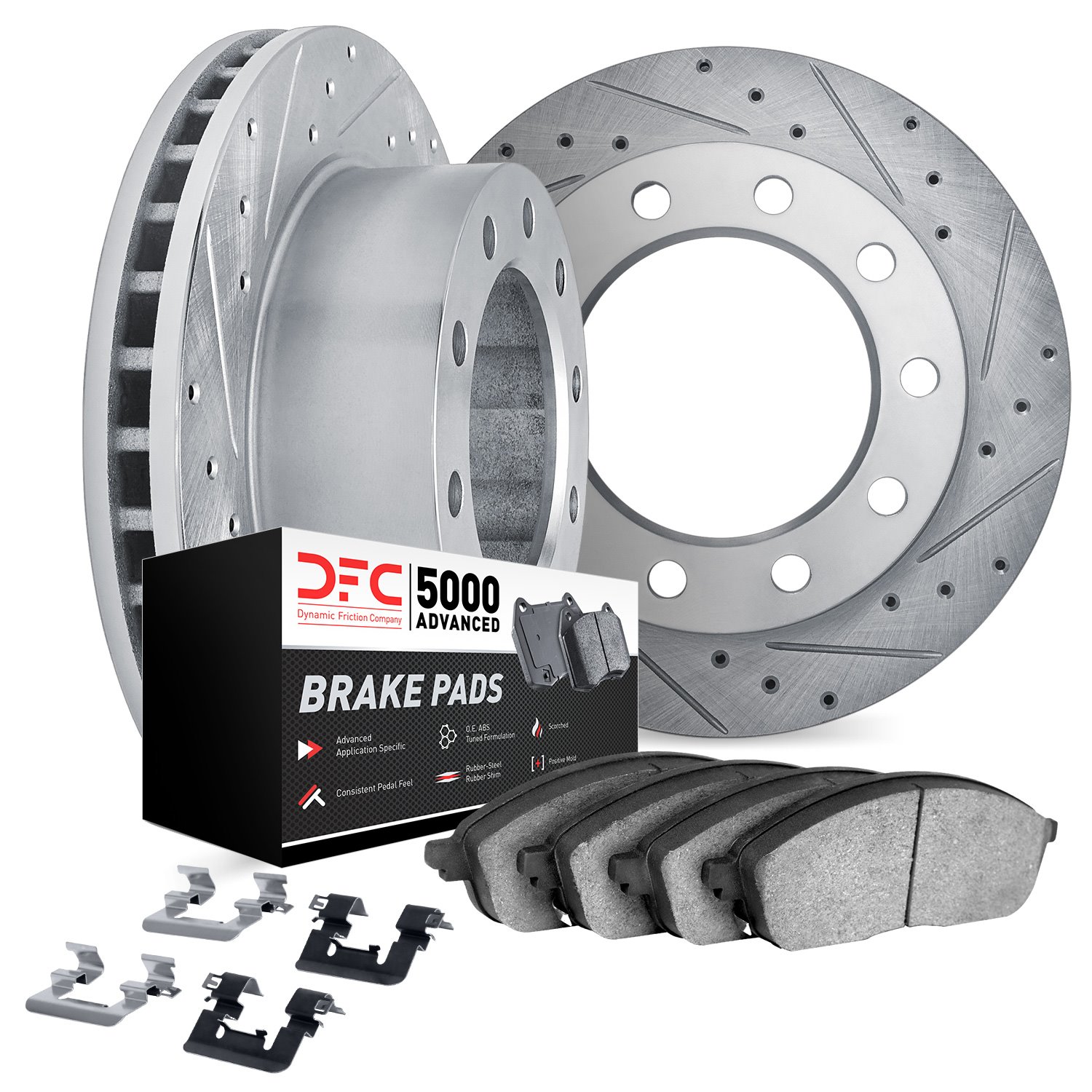 7512-99505 Drilled/Slotted Brake Rotors w/5000 Advanced Brake Pads Kit & Hardware [Silver], 1999-2009 Ford/Lincoln/Mercury/Mazda