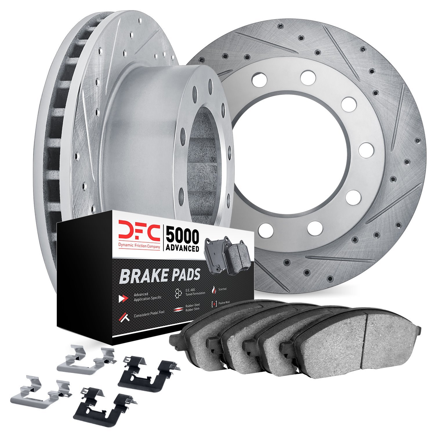 7512-99759 Drilled/Slotted Brake Rotors w/5000 Advanced Brake Pads Kit & Hardware [Silver], Fits Select Ford/Lincoln/Mercury/Maz