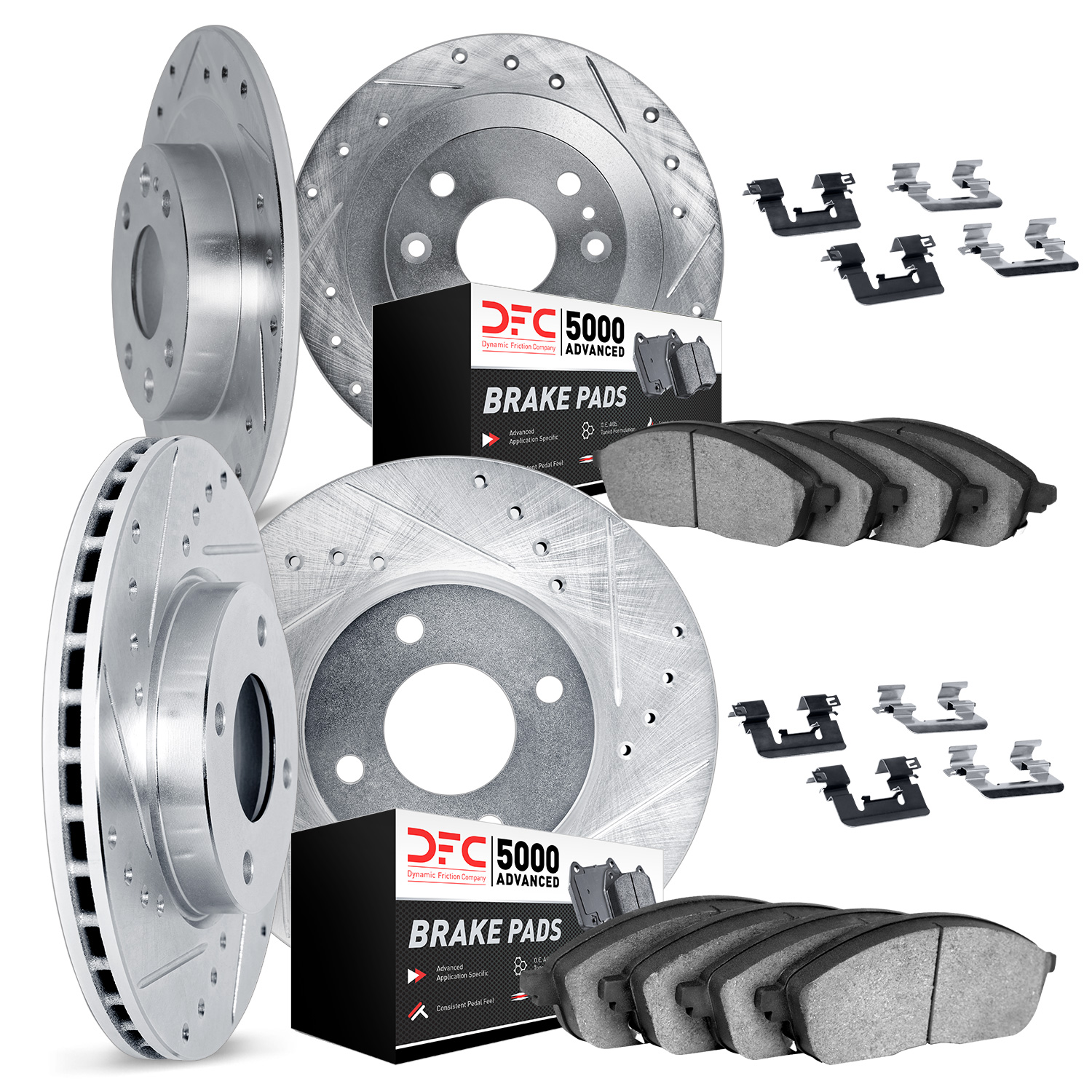 7514-03066 Drilled/Slotted Brake Rotors w/5000 Advanced Brake Pads Kit & Hardware [Silver], 2013-2015 Mopar, Position: Front and