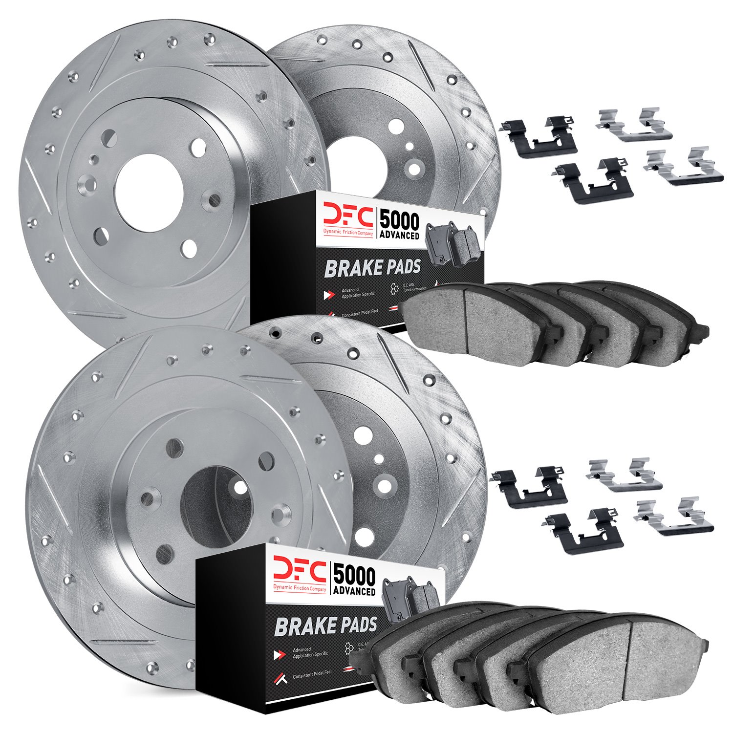 7514-07002 Drilled/Slotted Brake Rotors w/5000 Advanced Brake Pads Kit & Hardware [Silver], 1968-1983 Mopar, Position: Front and