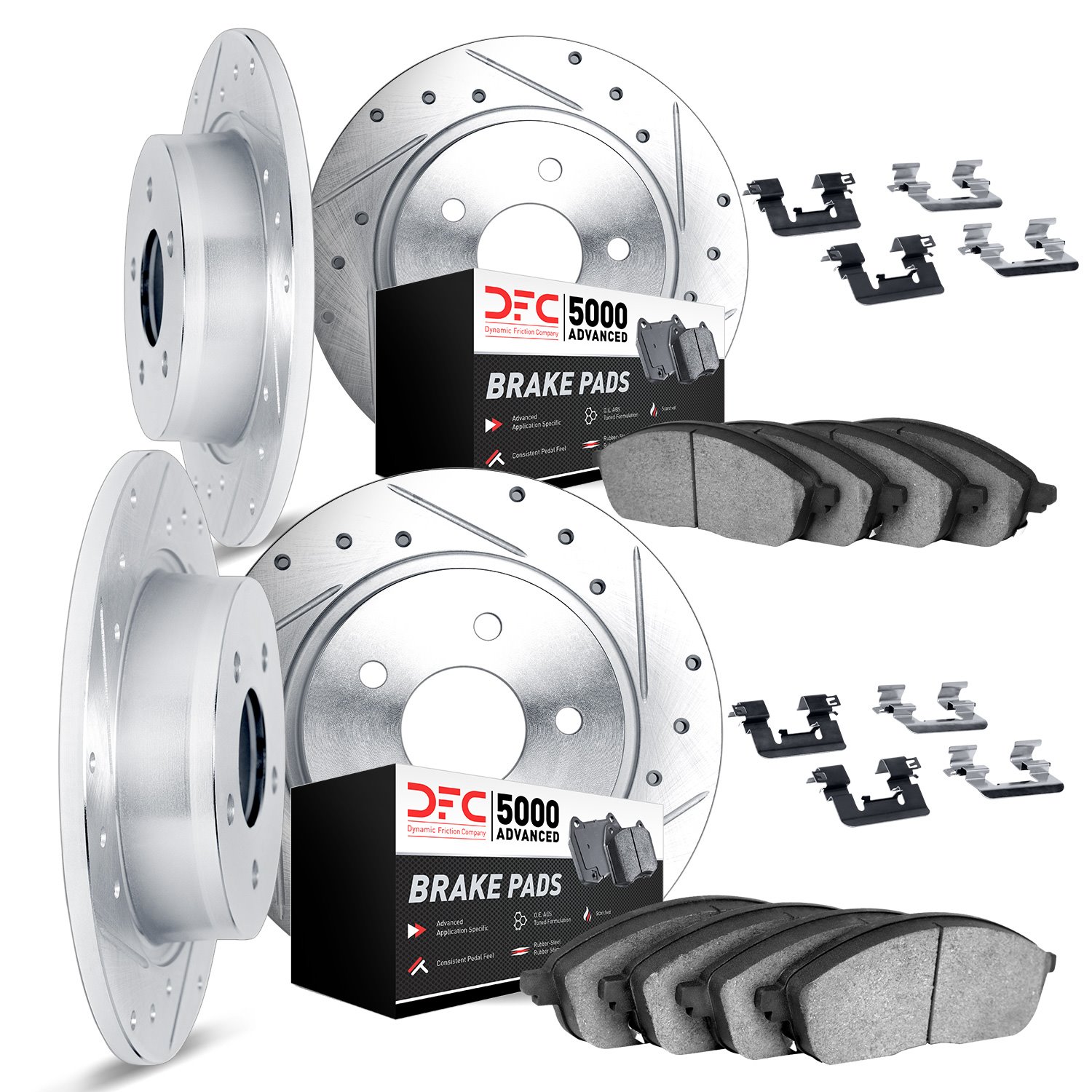7514-11001 Drilled/Slotted Brake Rotors w/5000 Advanced Brake Pads Kit & Hardware [Silver], 1987-1989 Land Rover, Position: Fron