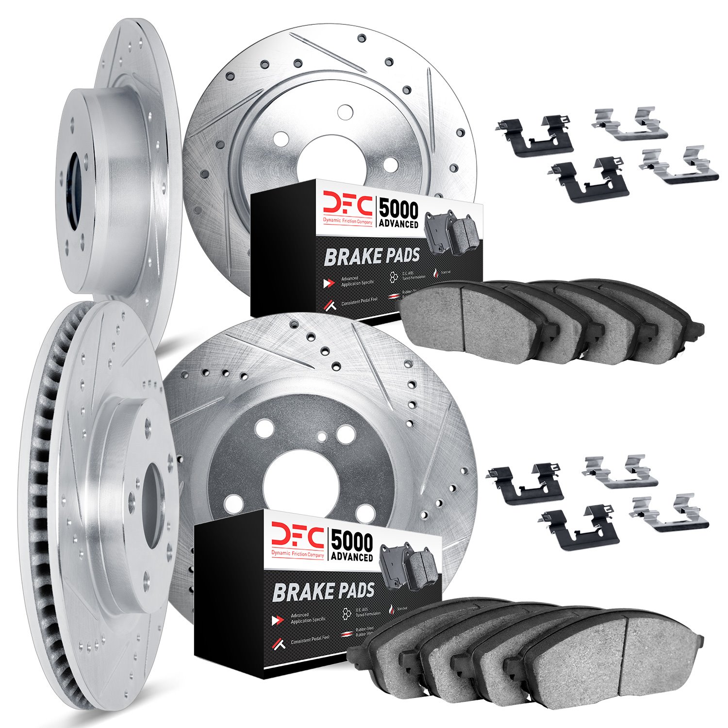 7514-11014 Drilled/Slotted Brake Rotors w/5000 Advanced Brake Pads Kit & Hardware [Silver], 2015-2019 Multiple Makes/Models, Pos