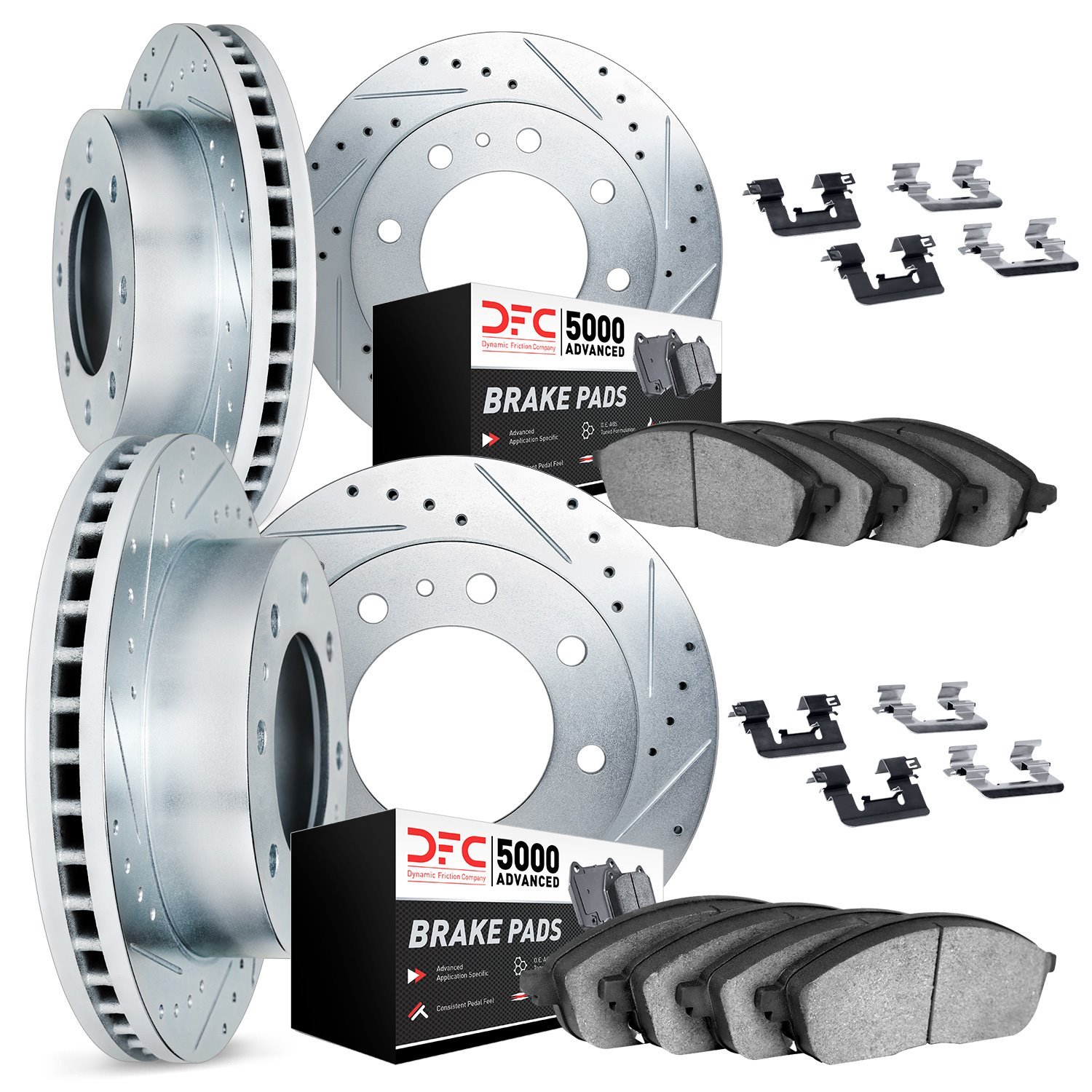 7514-40021 Drilled/Slotted Brake Rotors w/5000 Advanced Brake Pads Kit & Hardware [Silver], 2000-2002 Mopar, Position: Front and